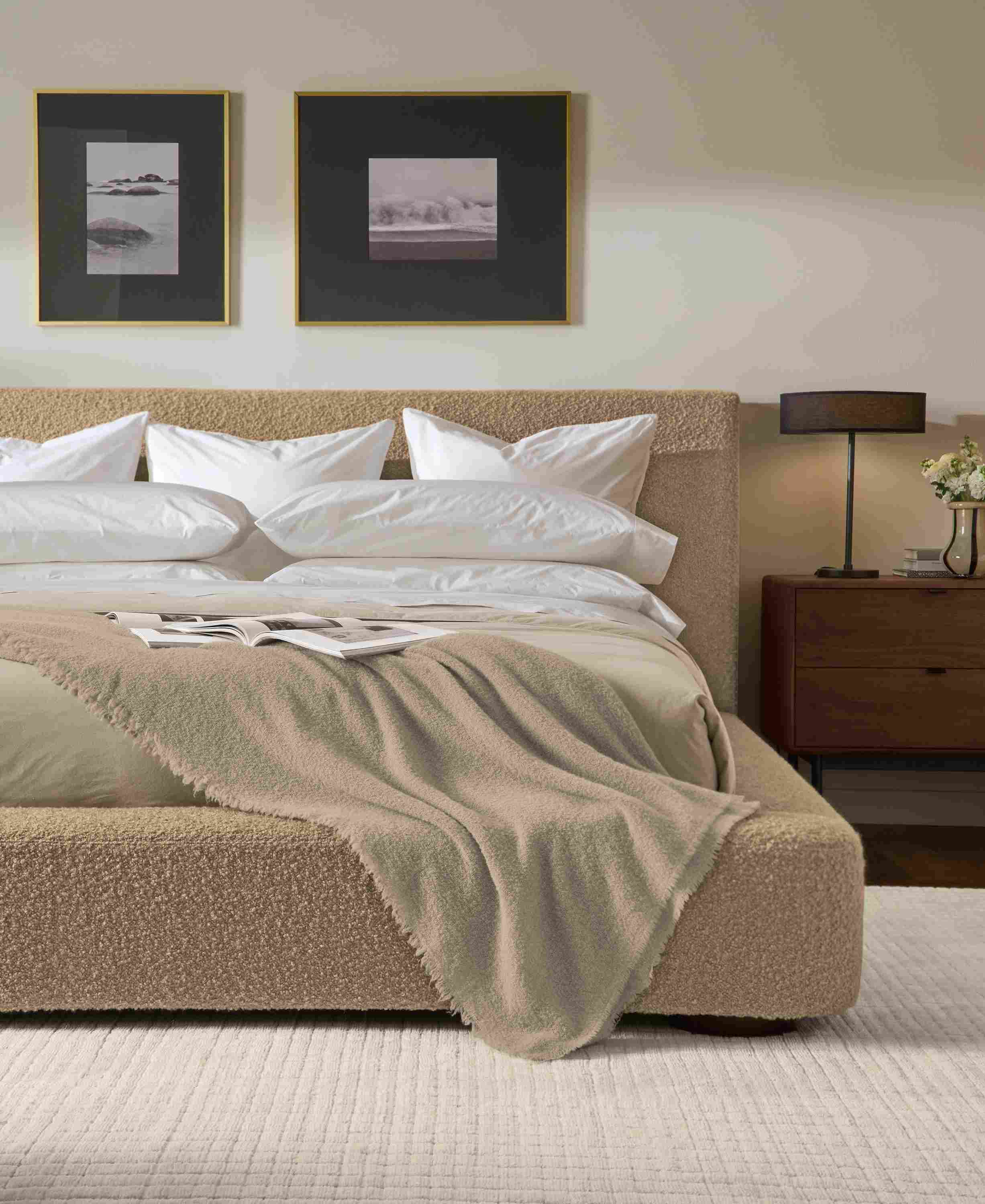 Bedroom with Kai king bed in Dornick Camel, Safira rug in Ivory and Cohen table lamp in dark bronze.