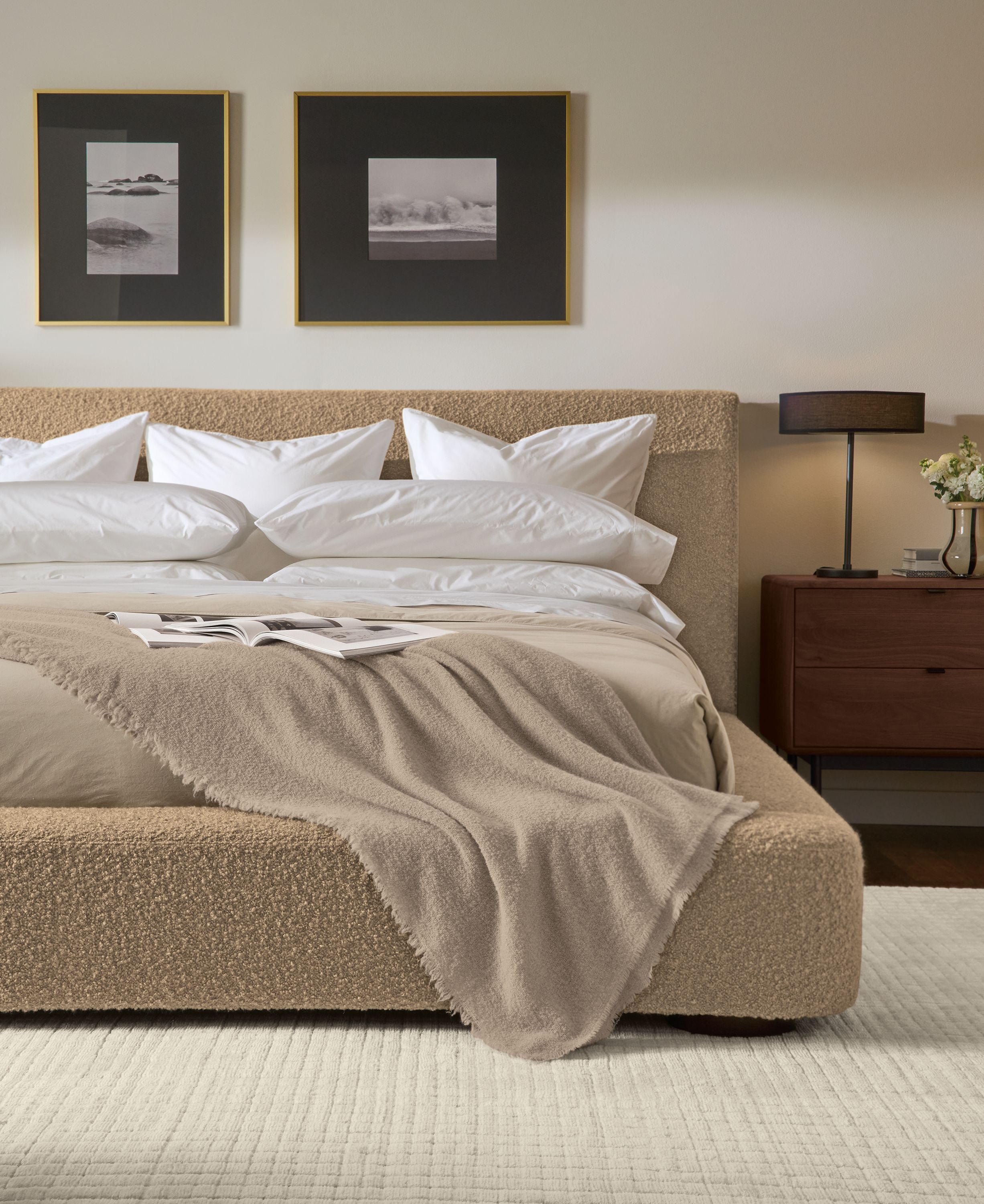 Bedroom with Kai king bed in Dornick Camel, Safira rug in Ivory and Cohen table lamp in dark bronze.