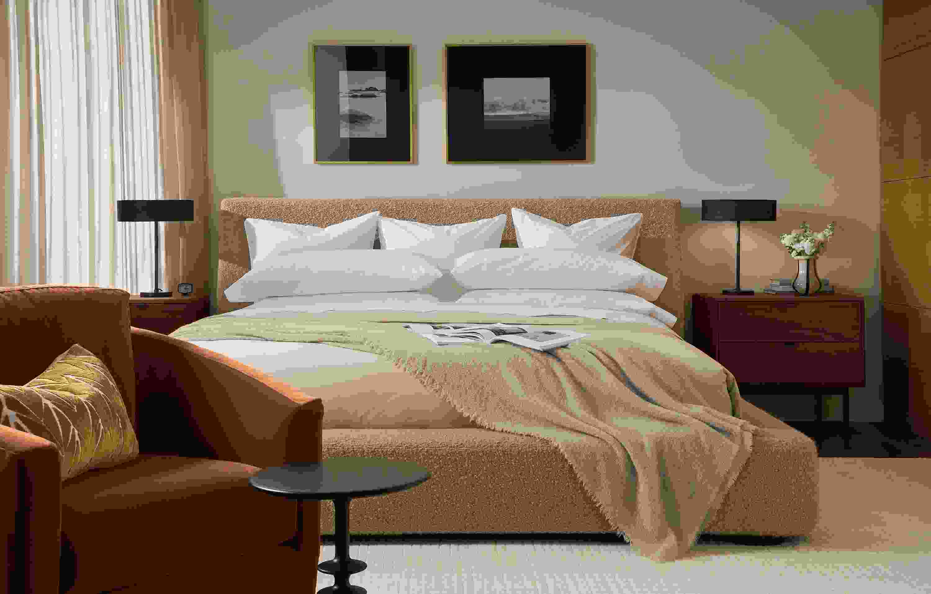 Bedroom with Kai king bed in Dornick Camel and 2 Hensley 2-drawer nightstands in walnut.