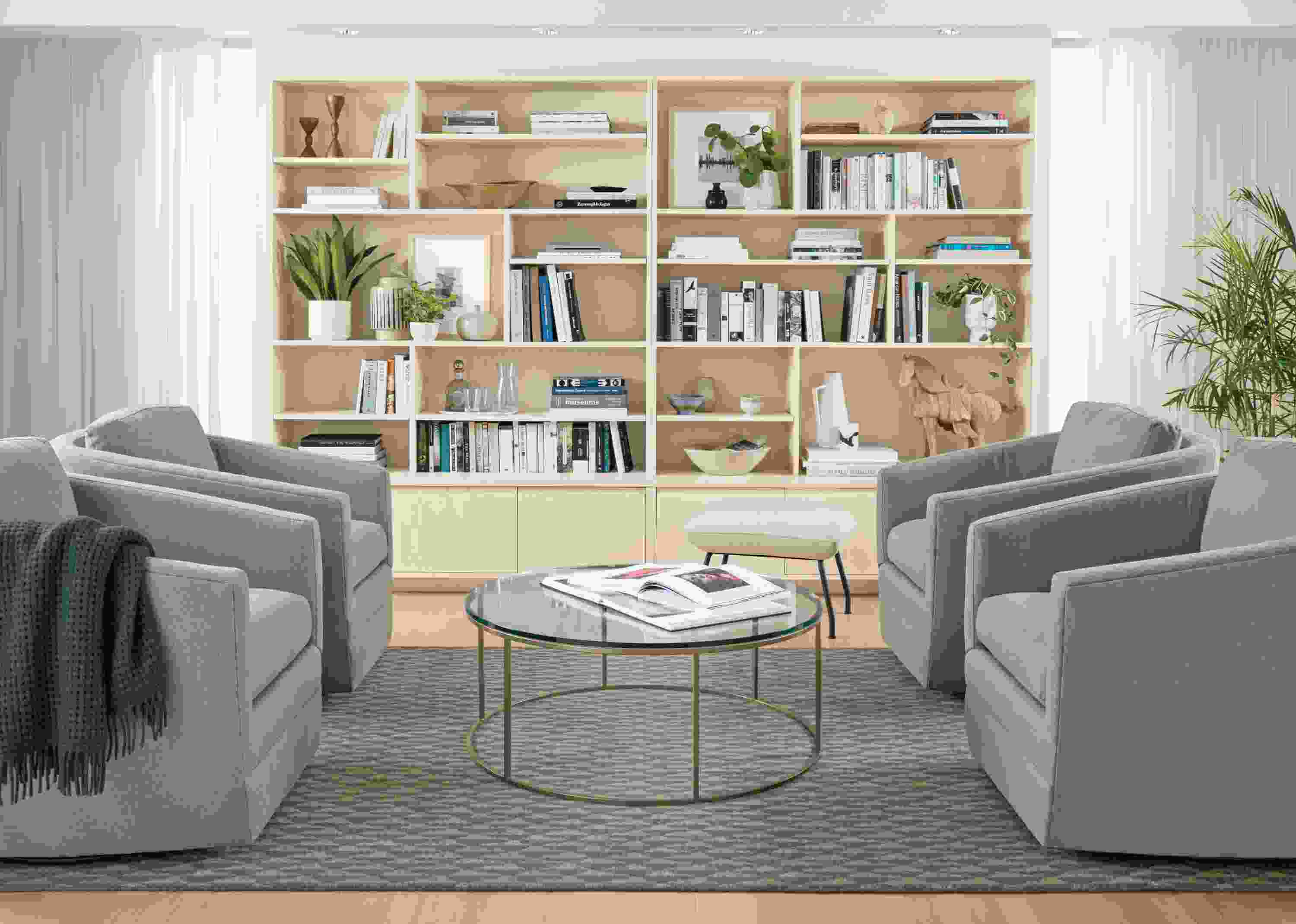 Detail of Keaton bookcases against wall.