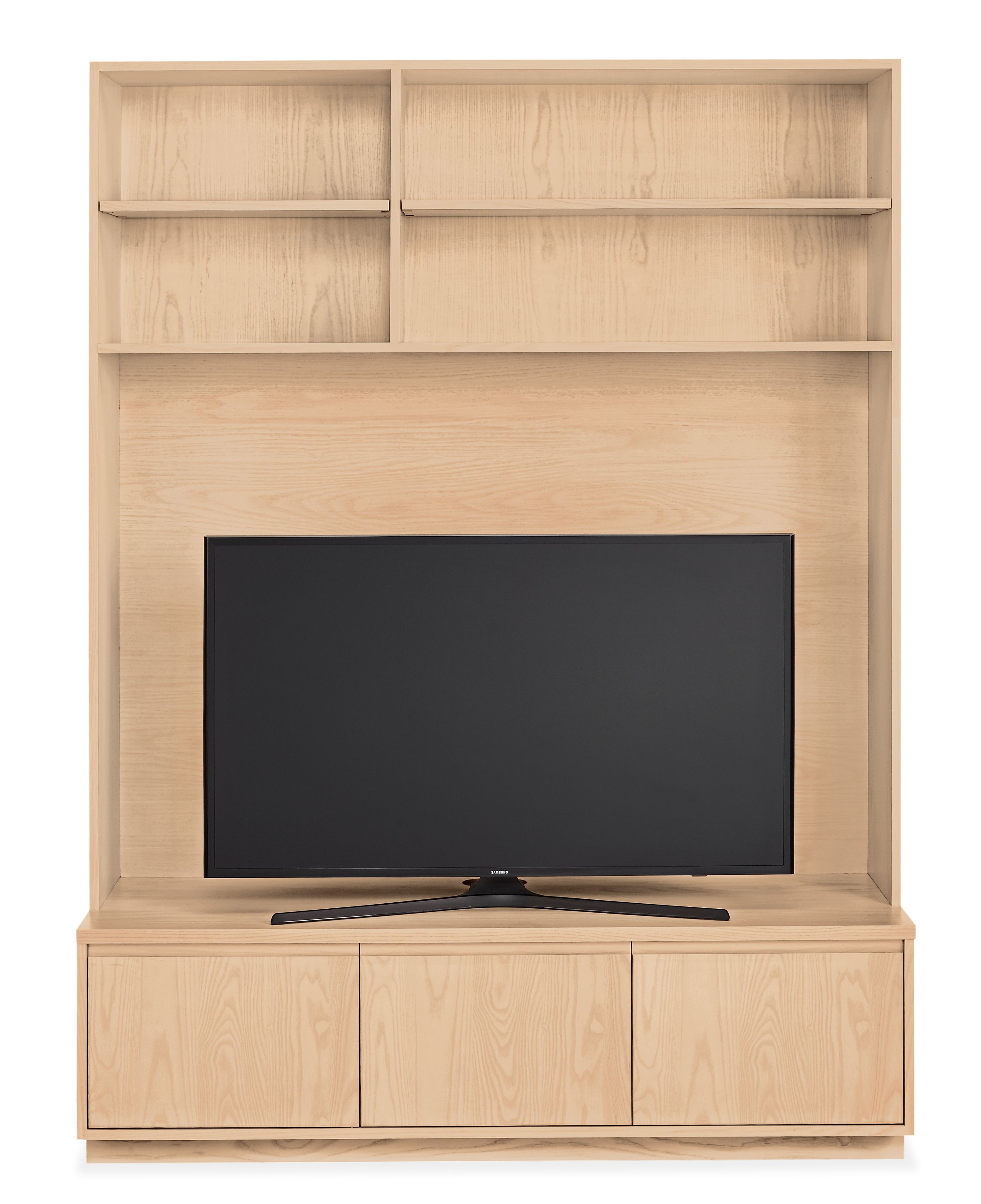 Propped detail of Keaton Media Bookcase with TV.