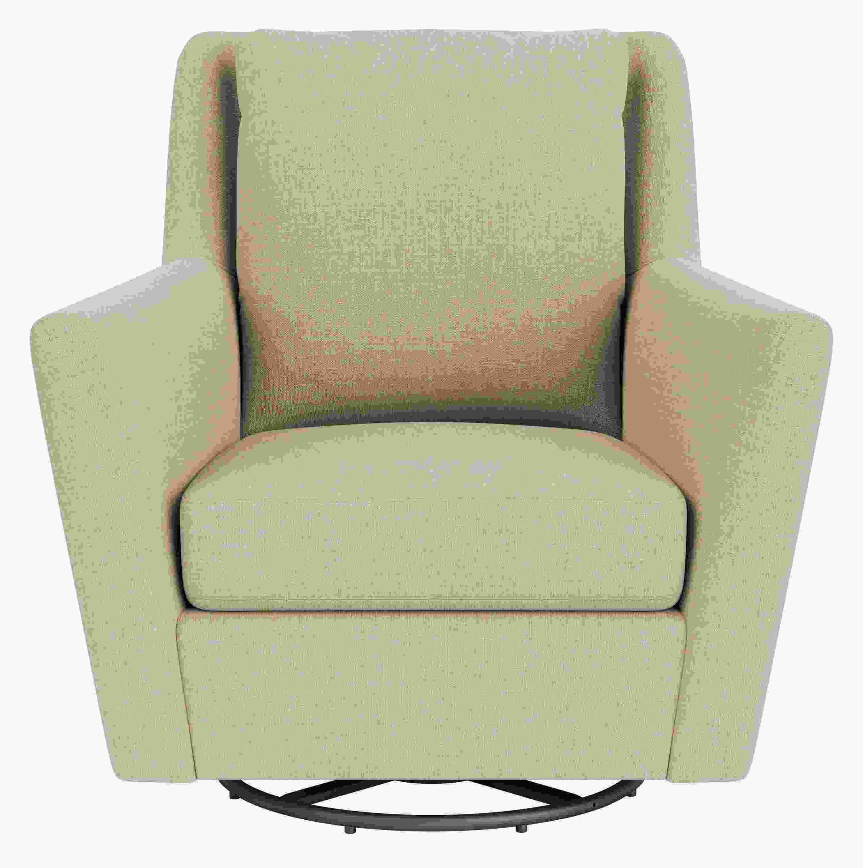 Front view of Kennedy Swivel Glider in Mori Oatmeal with black powder-coat base.