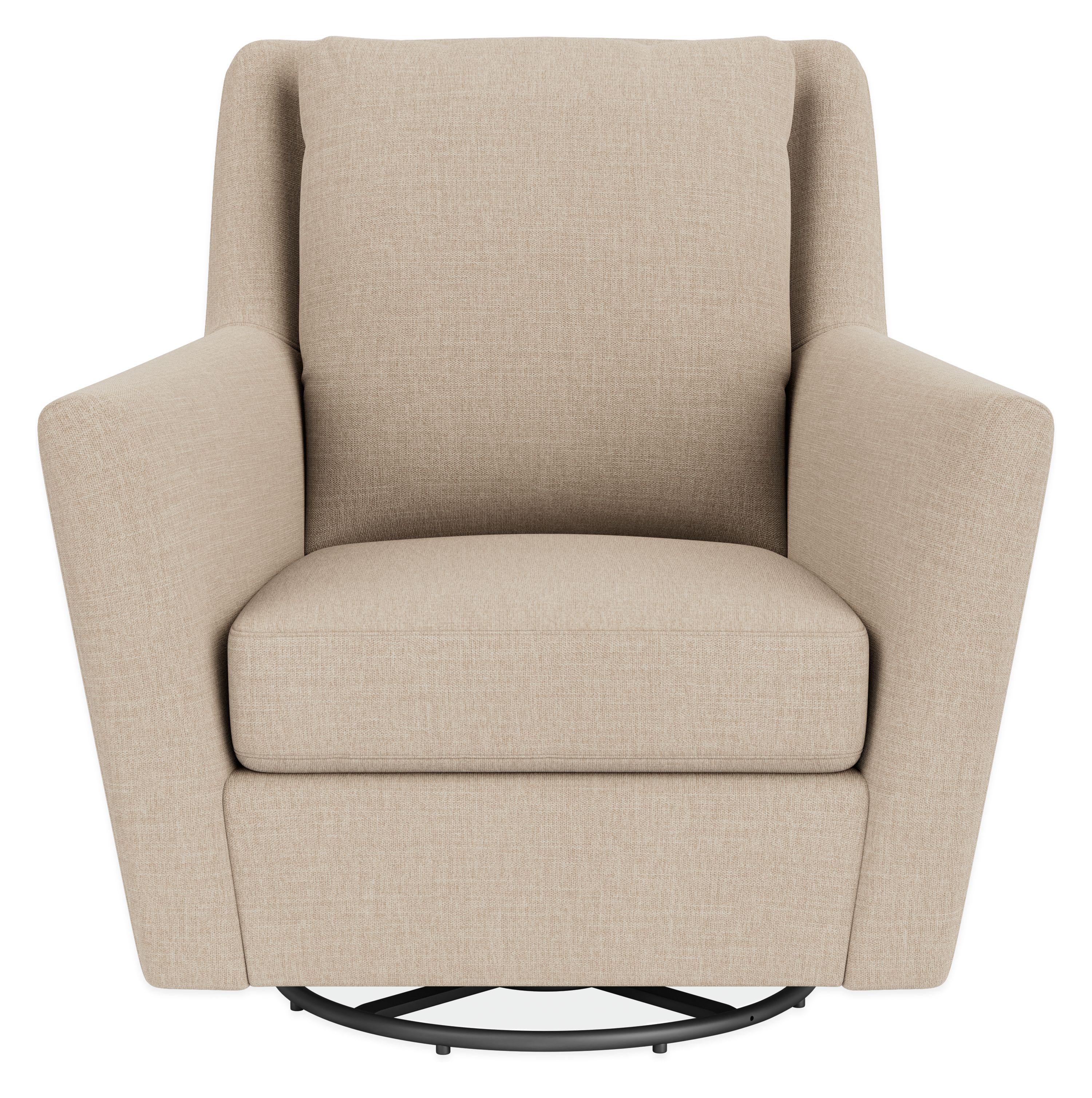 Front view of Kennedy Swivel Glider in Mori Oatmeal with black powder-coat base.