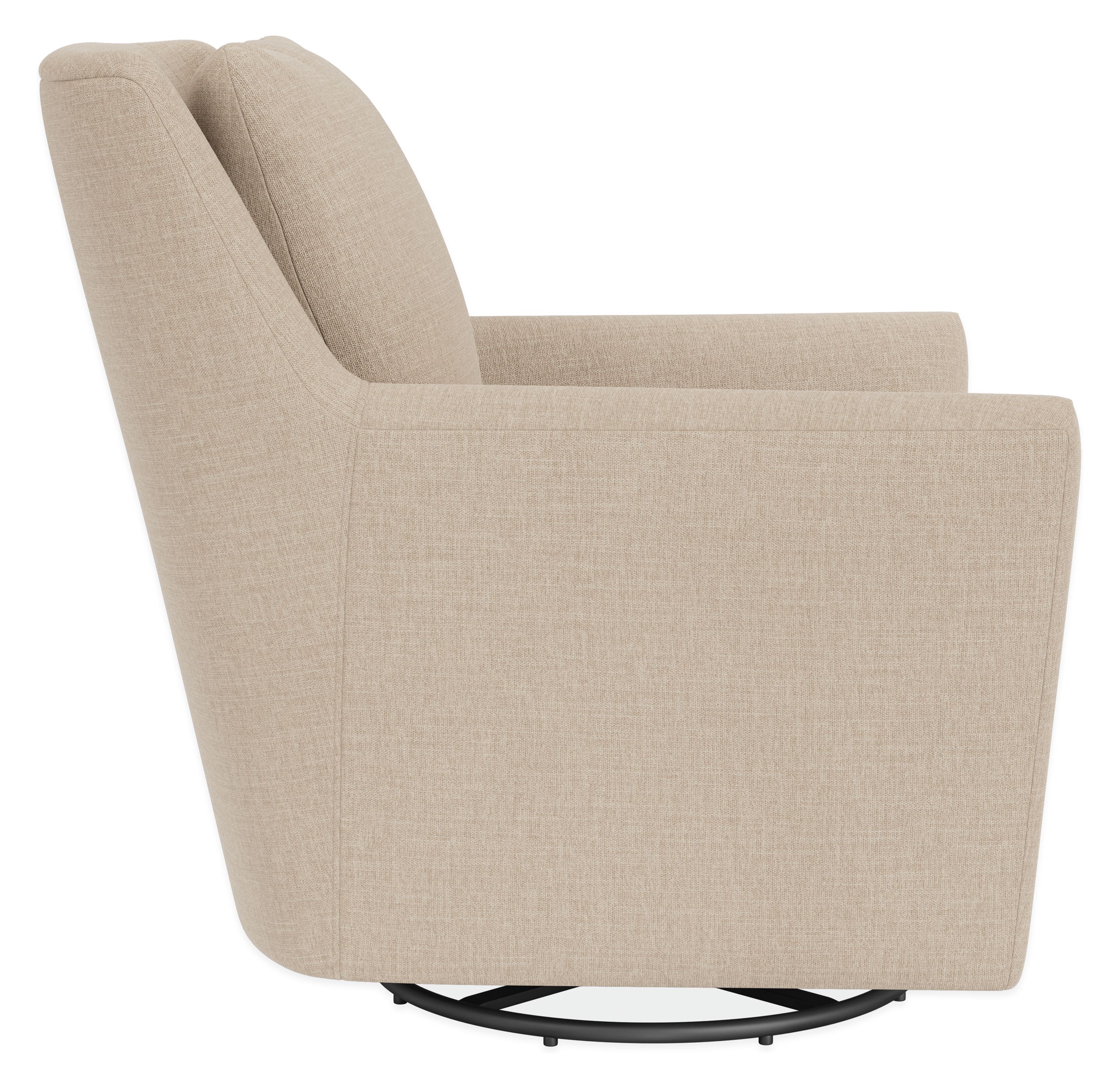 Profile  view of Kennedy Swivel Glider in Mori Oatmeal with black powder-coat base.