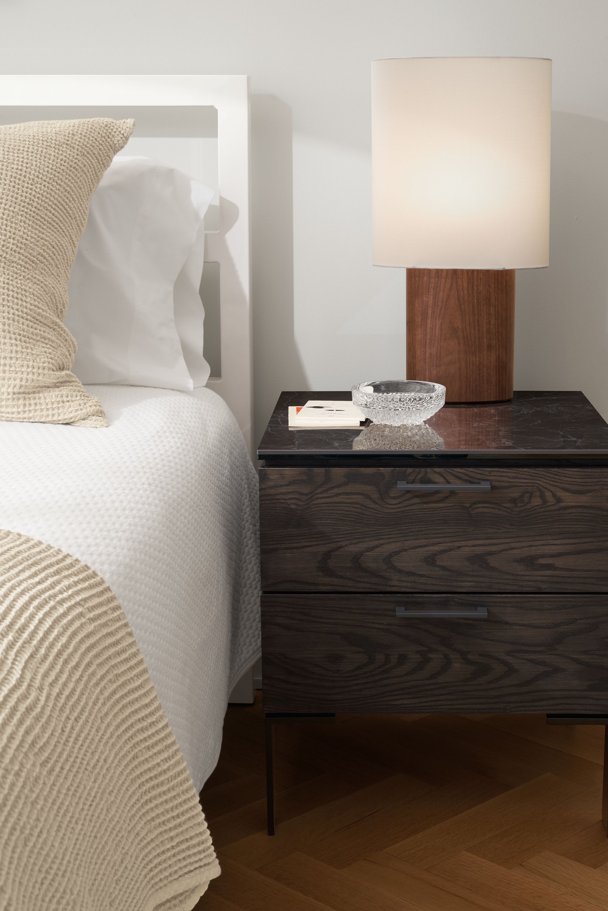 detail of kenwood two-drawer nightstand in charcoal in bedroom.