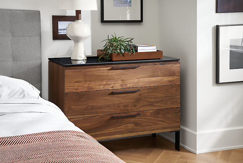 Bedroom area with Kenwood 42-wide dresser in walnut with black marbled ceramic top and graphite pulls.