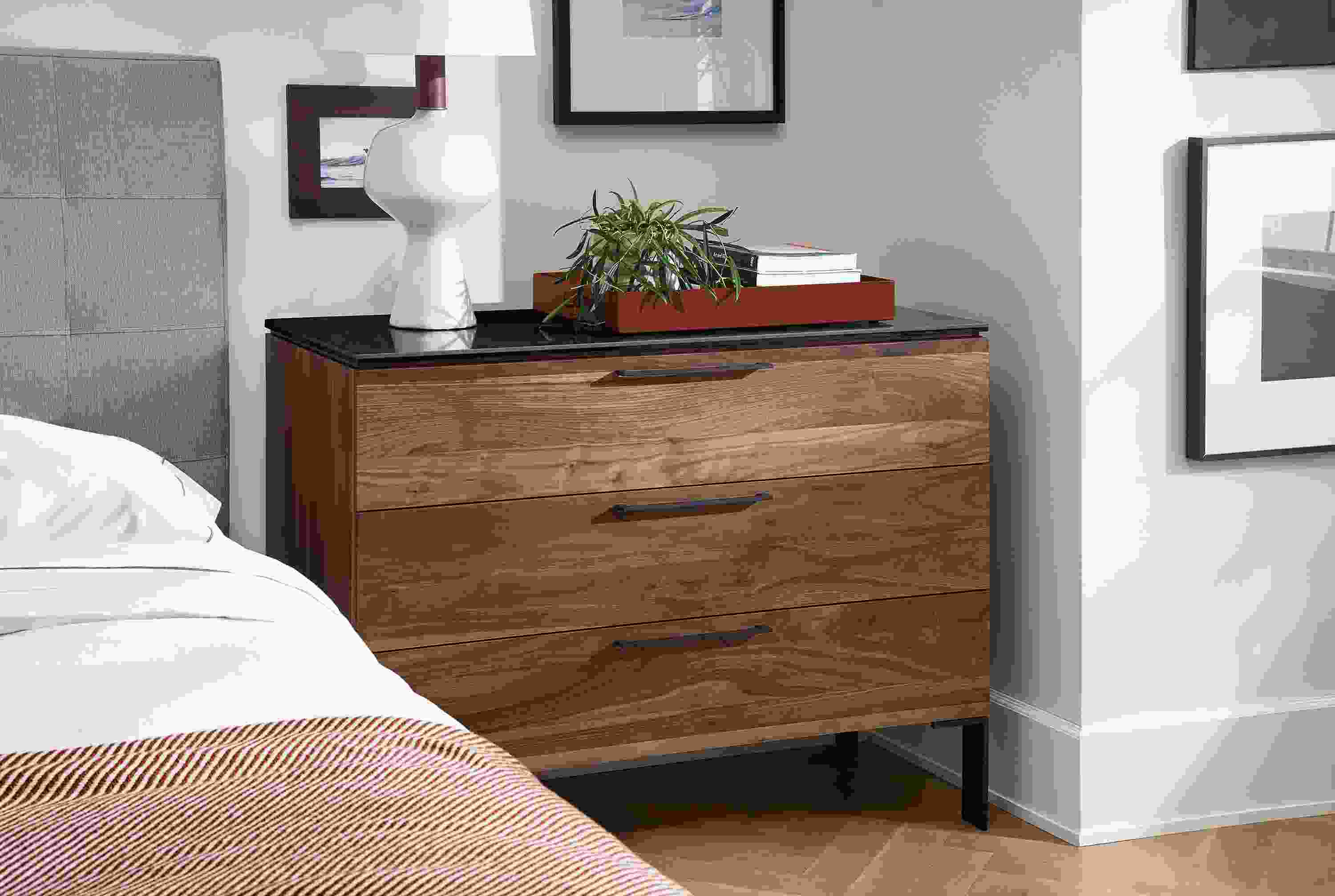 Bedroom with Kenwood 42-wide dresser in walnut with black marbled ceramic top.