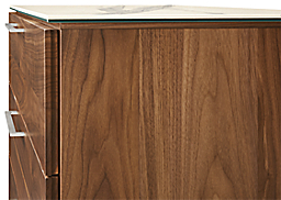 Detail of Kenwood 42-wide Three-Drawer Dresser in Walnut with White Marbled Ceramic Top.