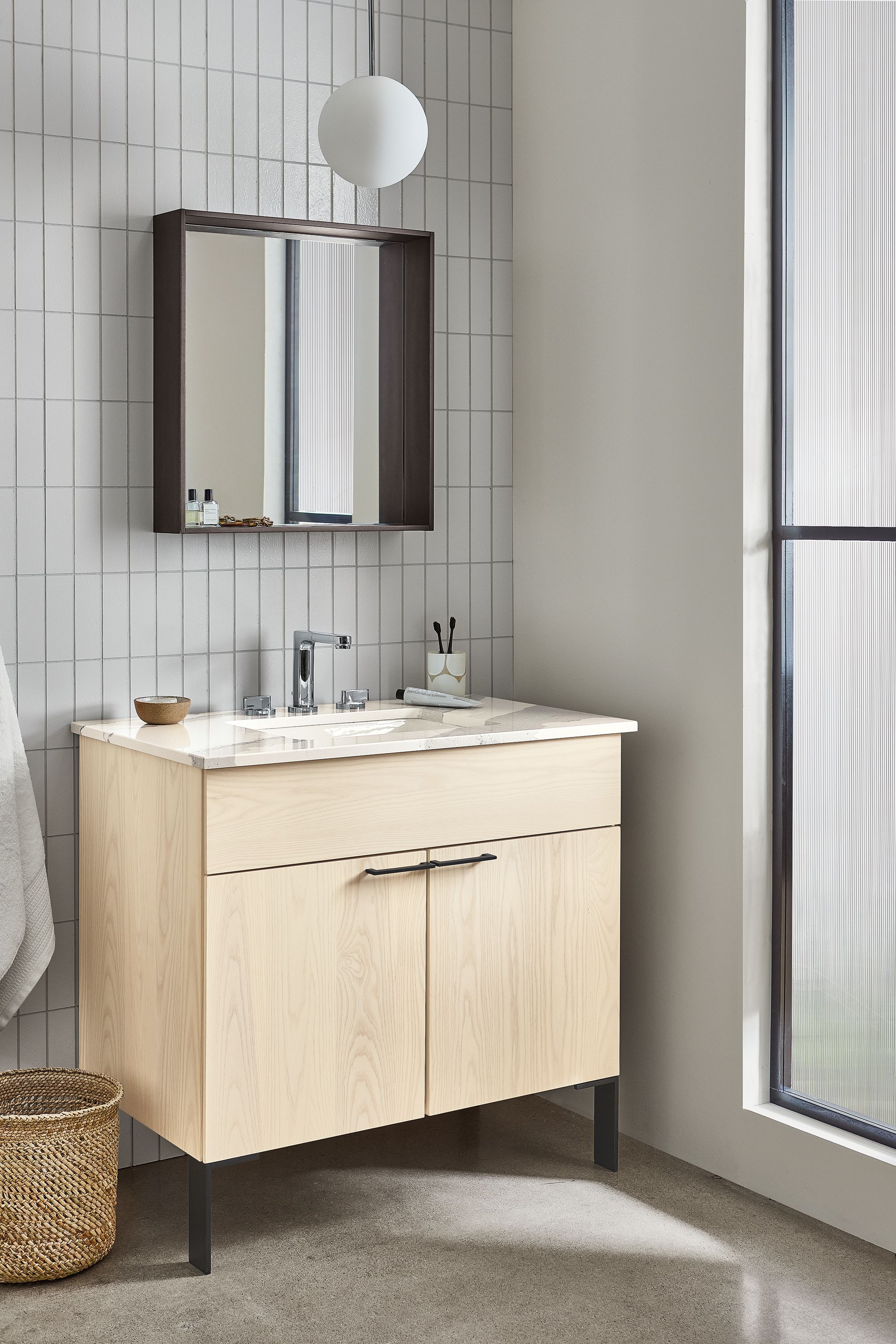 36w vanity in sand stain: left & right side overhang, Cambria Brittanicca™ quartz top - rectangular sink, 8" spread faucet holes, graphite base & hardware