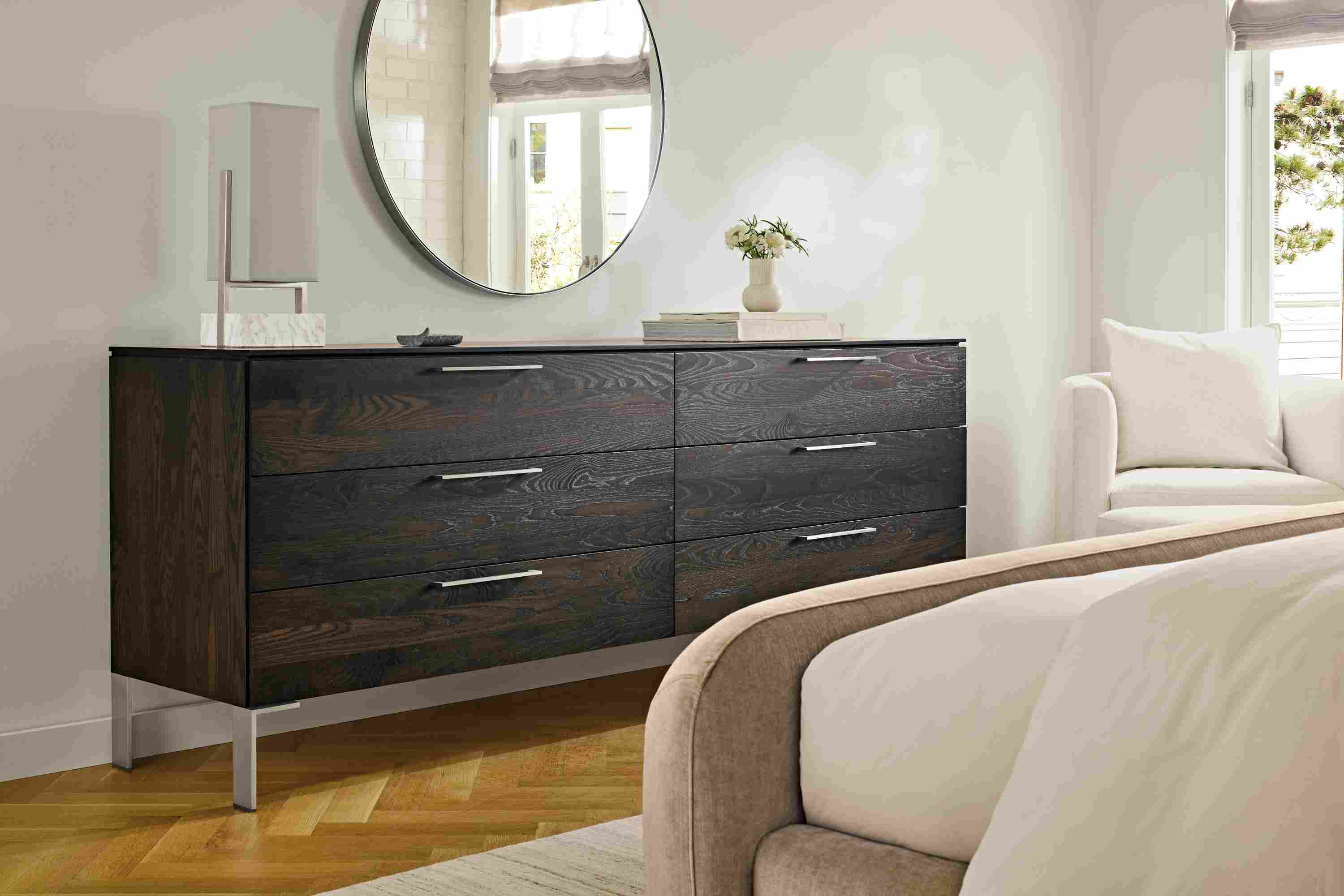 Bedroom with Kenwood 84-wide, 6-drawer dresser in charcoal on ash and King bed in Windsor Otter fabric.