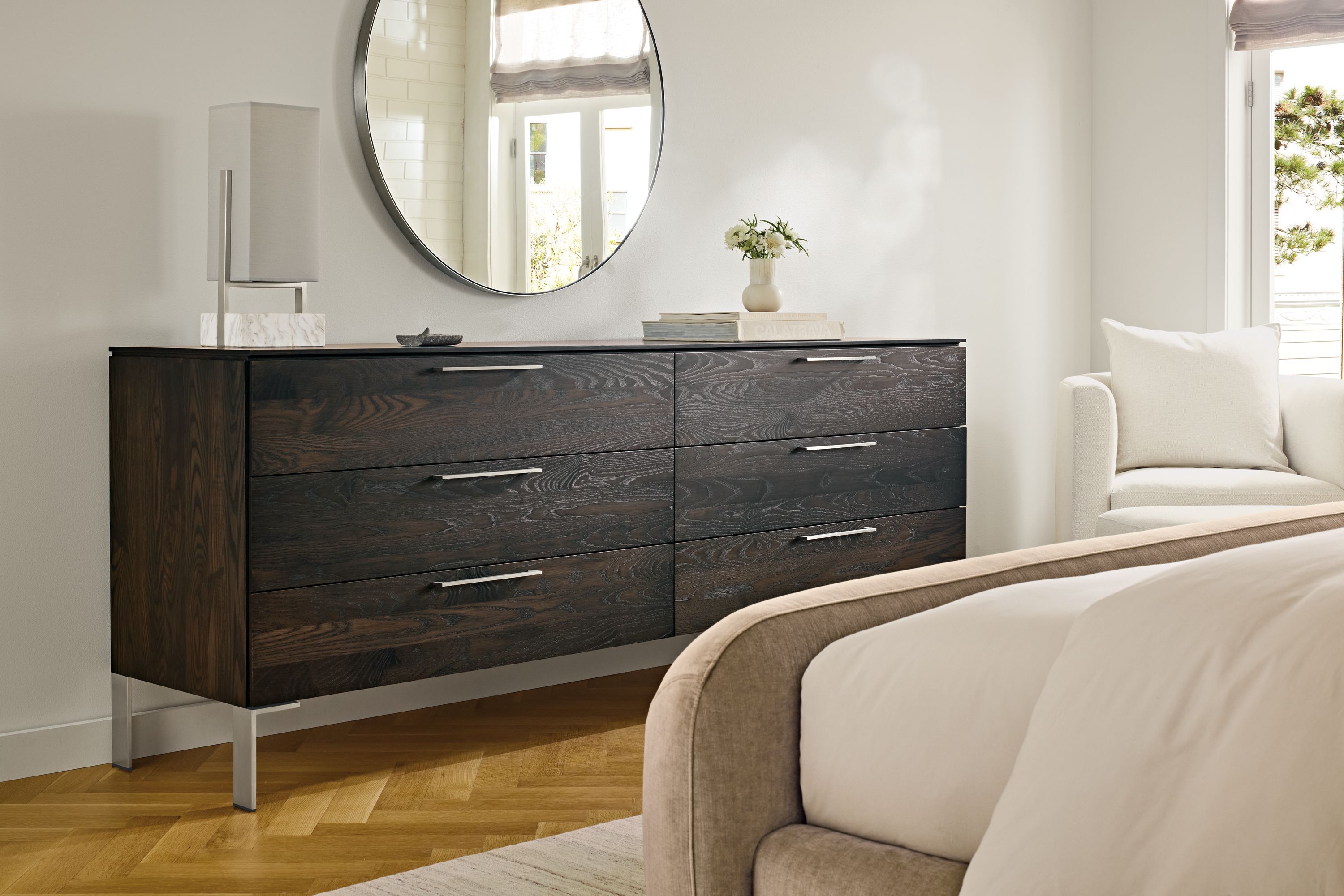 84w 33h dresser in charcoal stain with stainless steel base & hardware