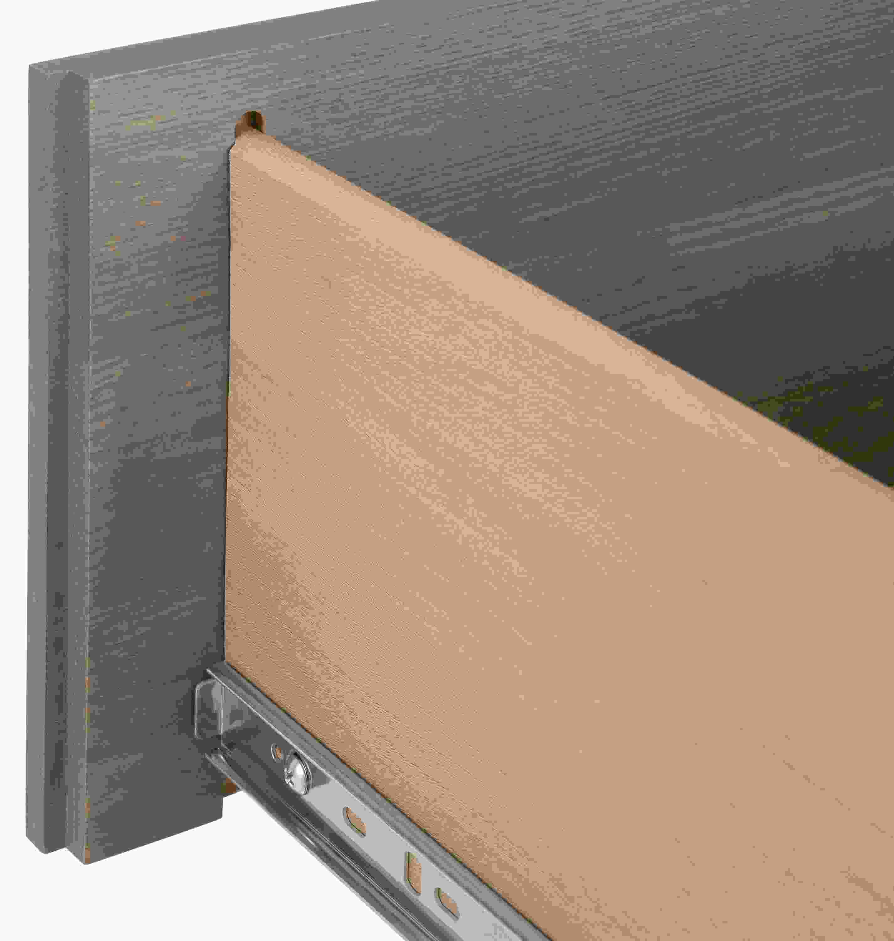 Detail of drawer construction on a Kenwood three-drawer dresser in shell on ash finish.