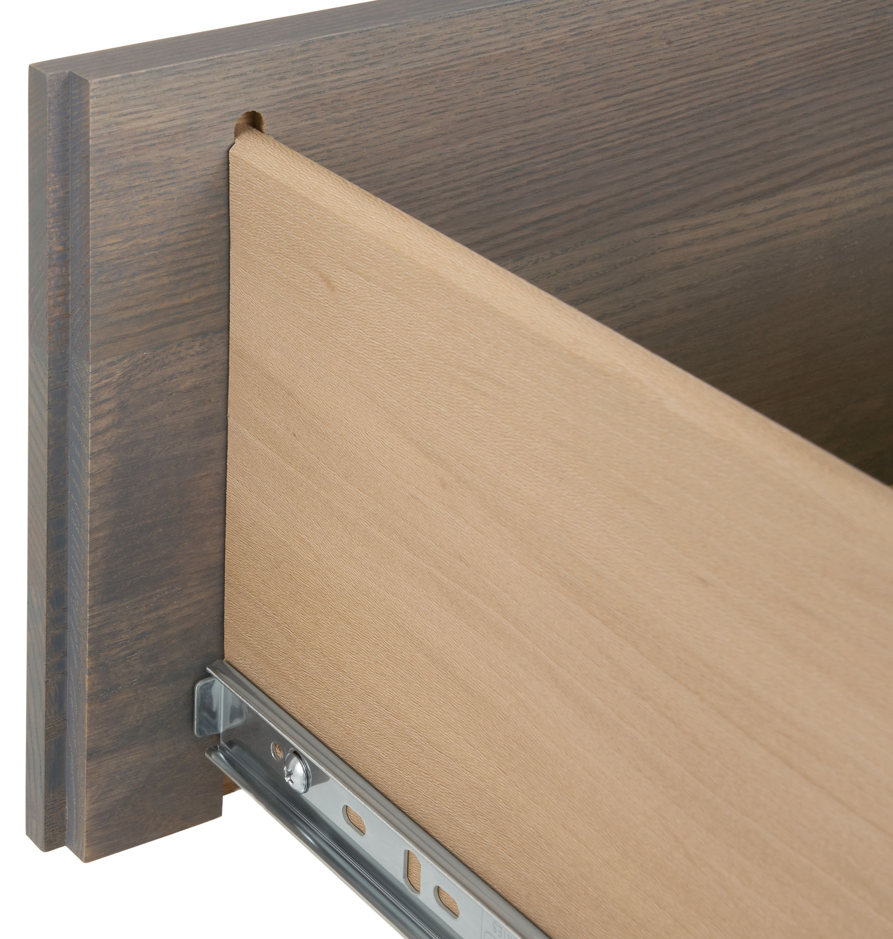 Detail of drawer construction on a Kenwood three-drawer dresser in shell on ash finish.