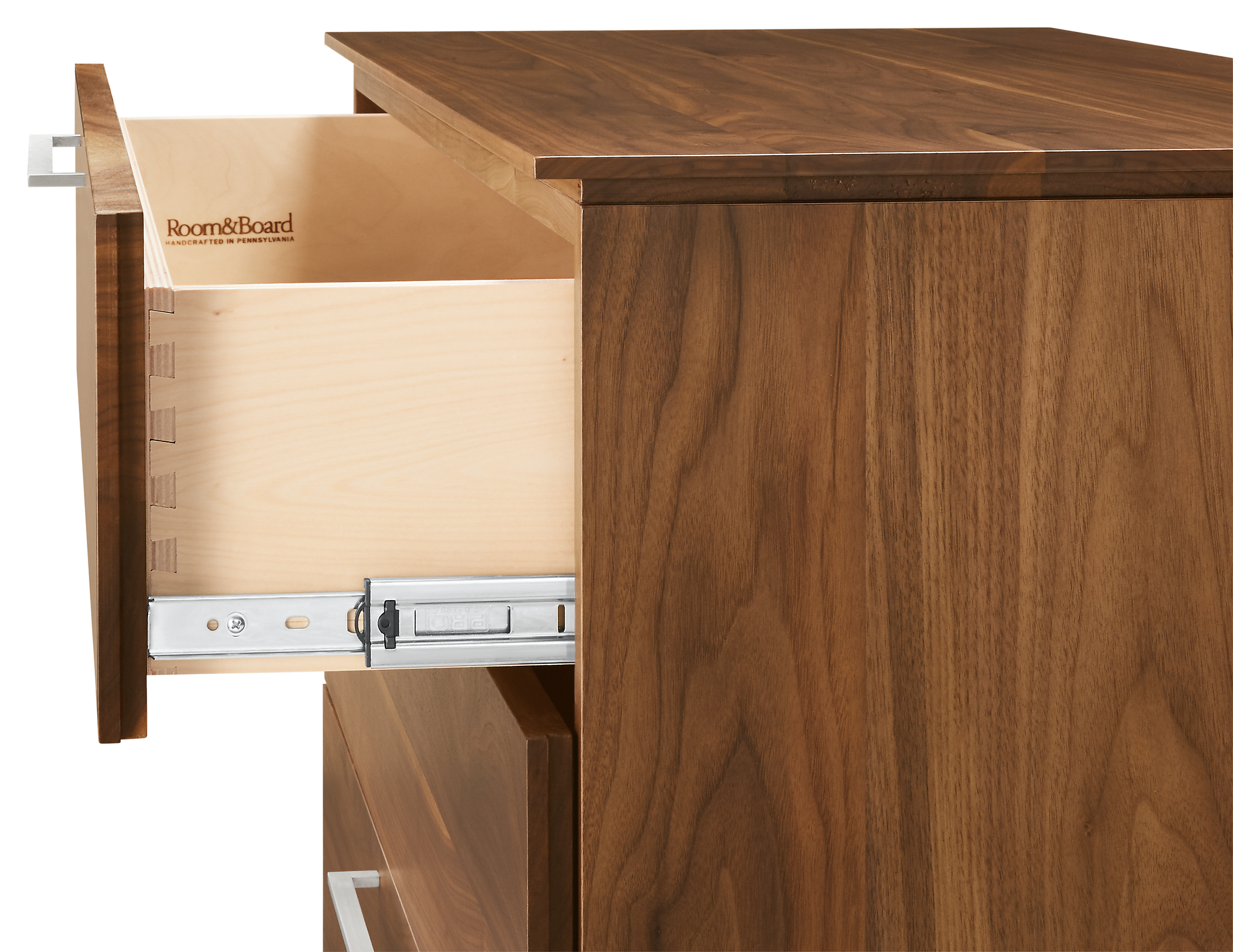 Detail of Kenwood 42-wide Three-Drawer Dresser in Walnut.
