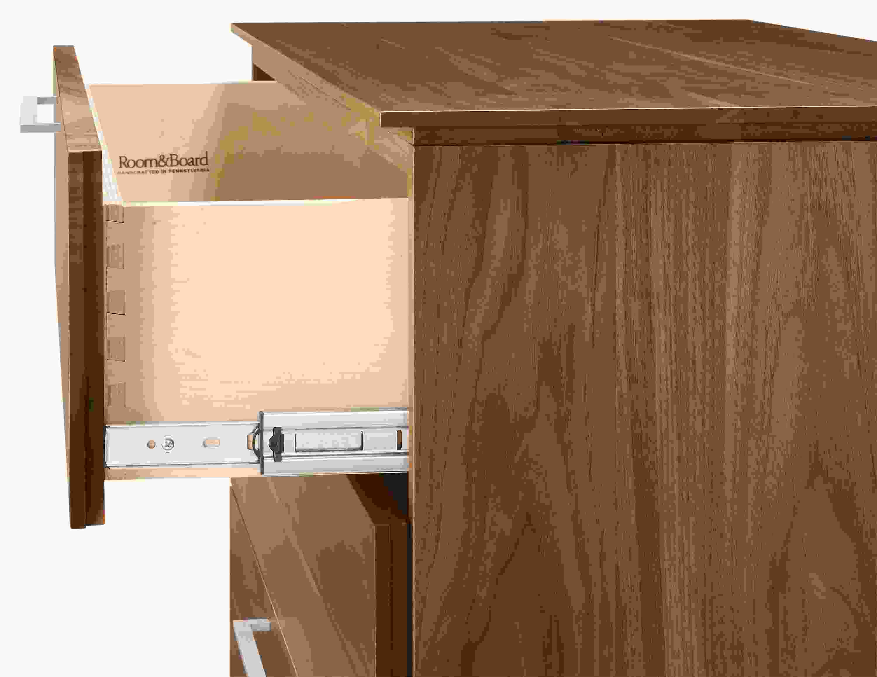 Detail of Kenwood 42-wide Three-Drawer Dresser in Walnut.