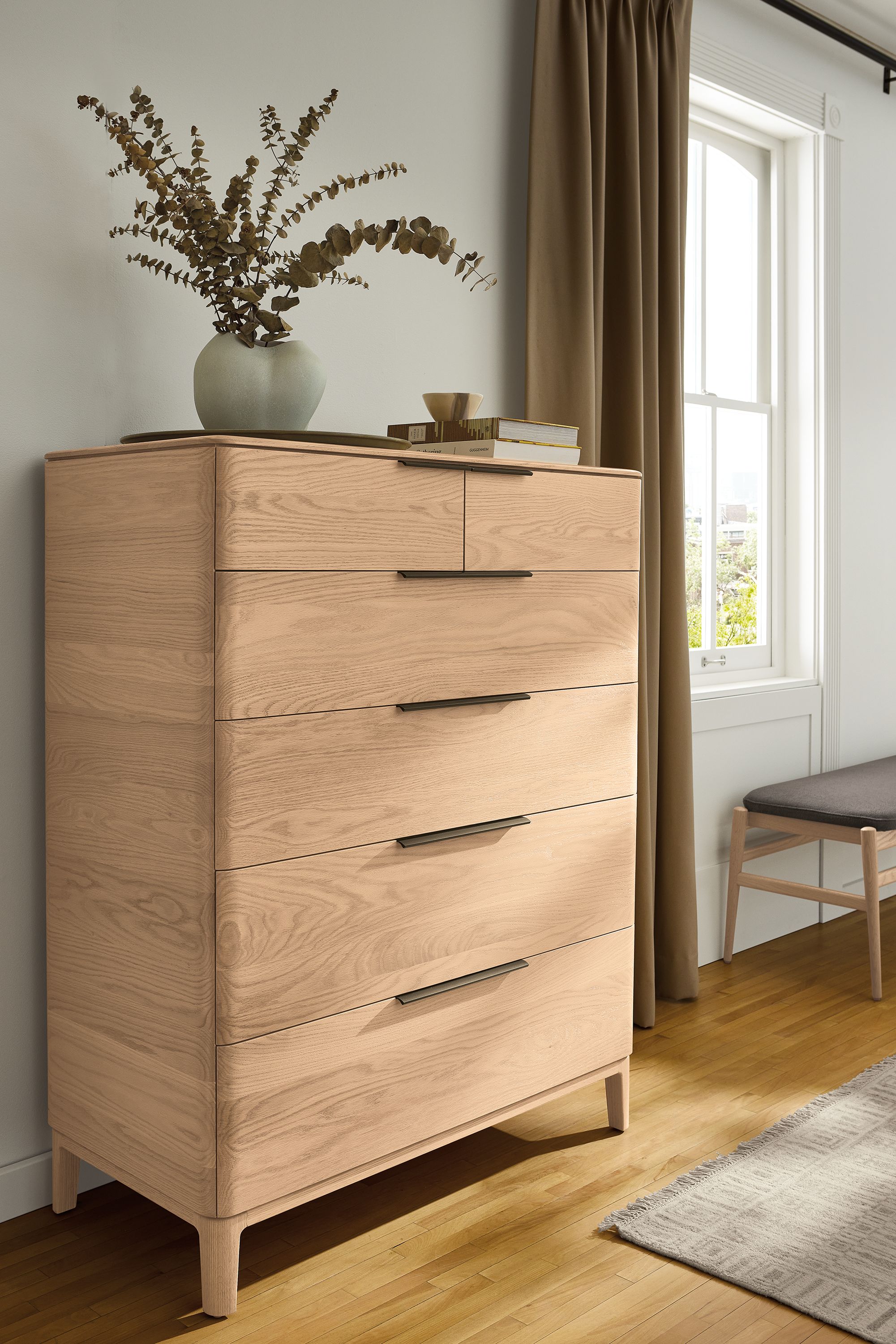 Kingston 40-wide, 6-drawer dresser in salt on red oak with mineral drawer pulls.