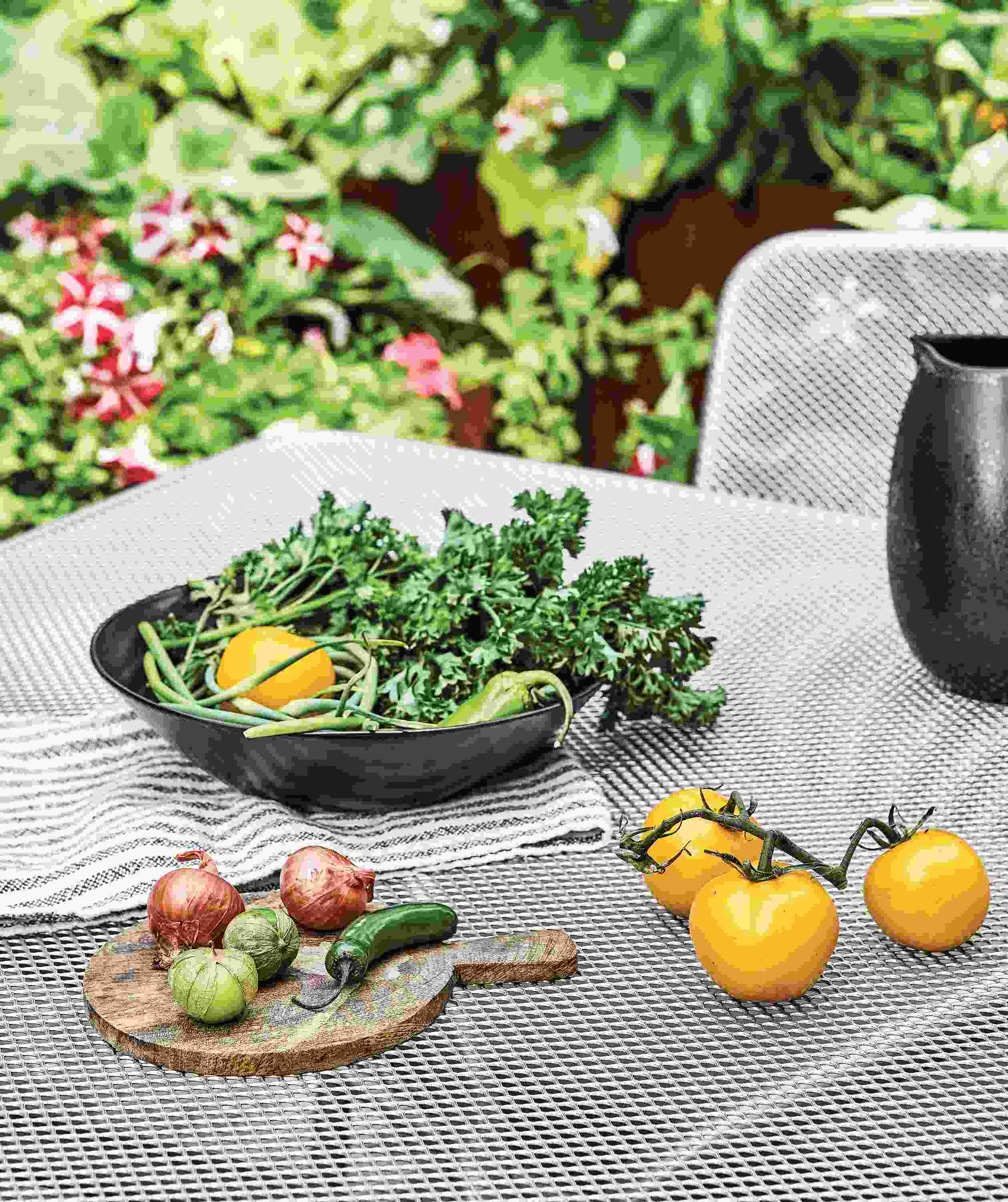 Close detail of food on Konda outdoor table.