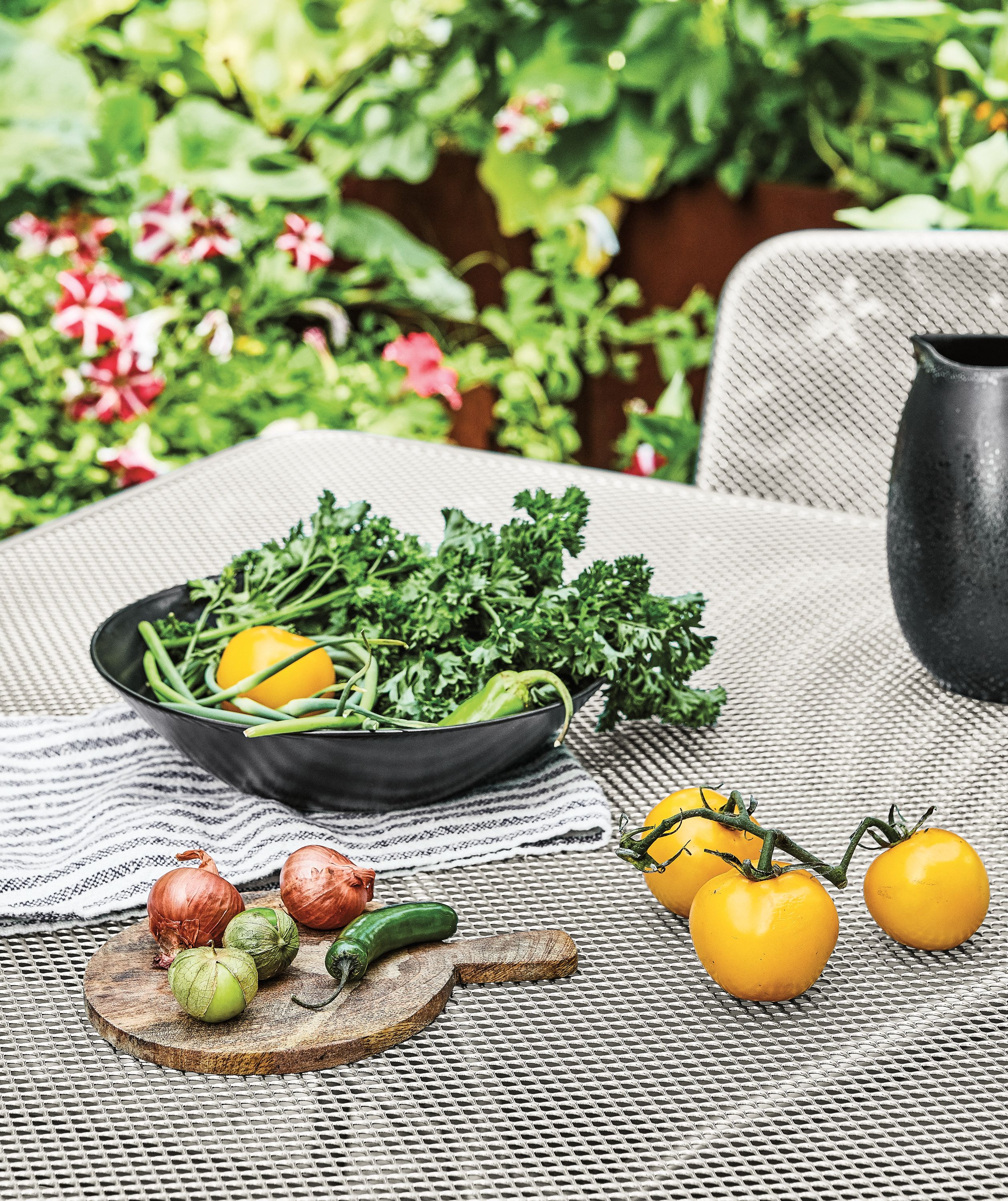 Close detail of food on Konda outdoor table.