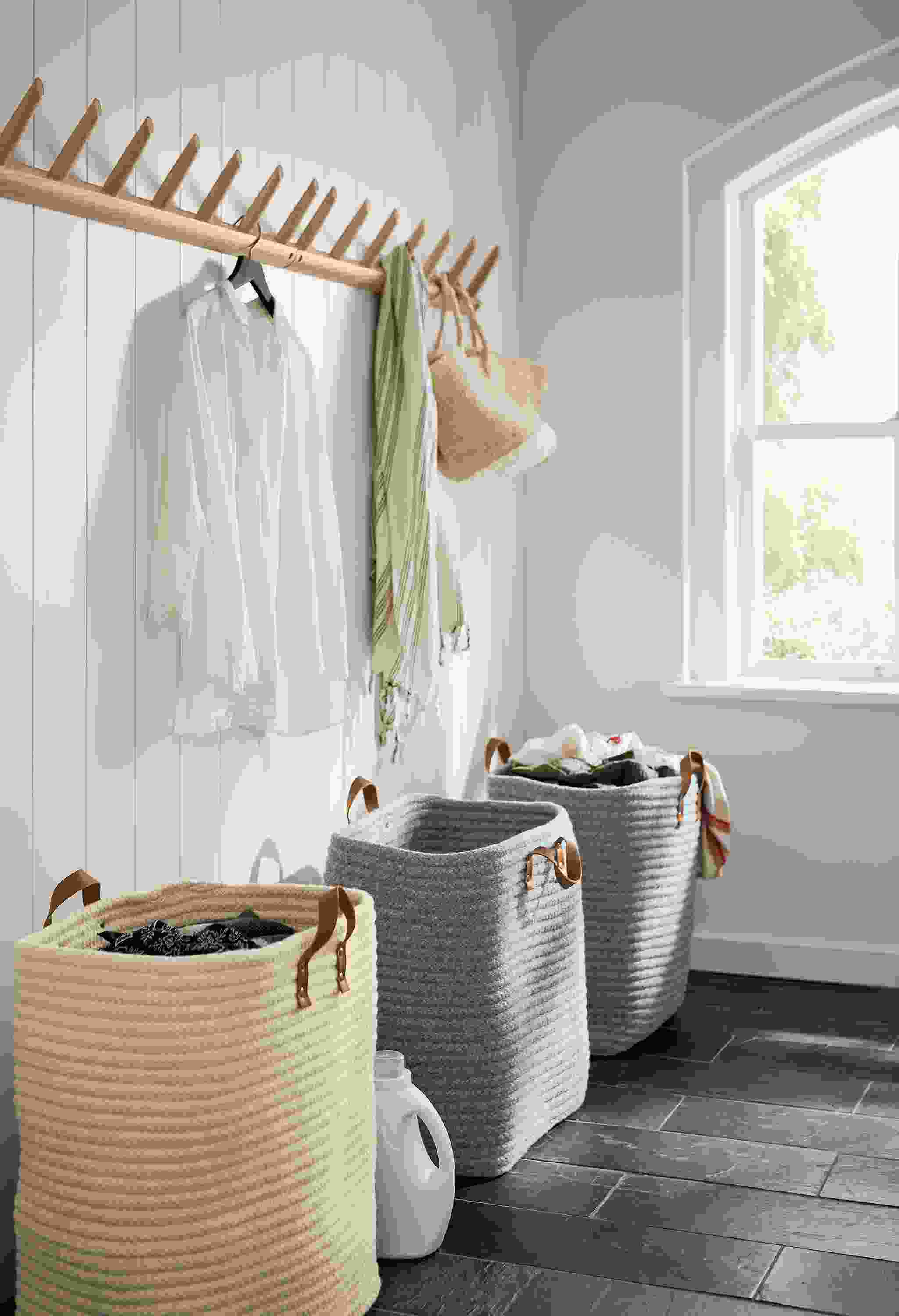Mudroom with Kori hampers and multiple wall hook.
