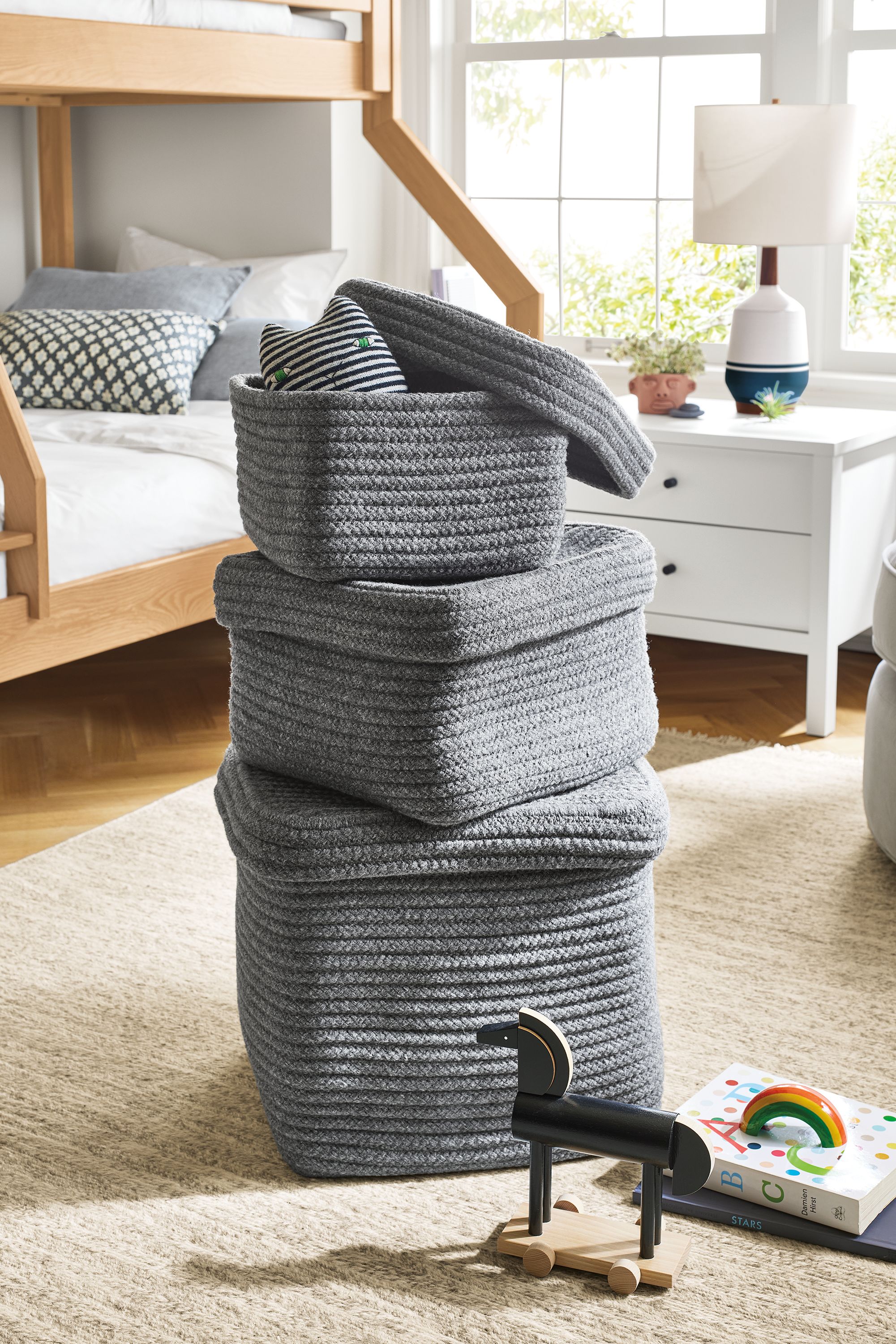 Kori 12w 12d 8h, 14w 14d 10h, & 16w 16d 16h square storage basket with lid in charcoal