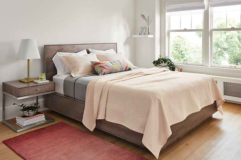 Bedroom with Larkin coverlet in blush.