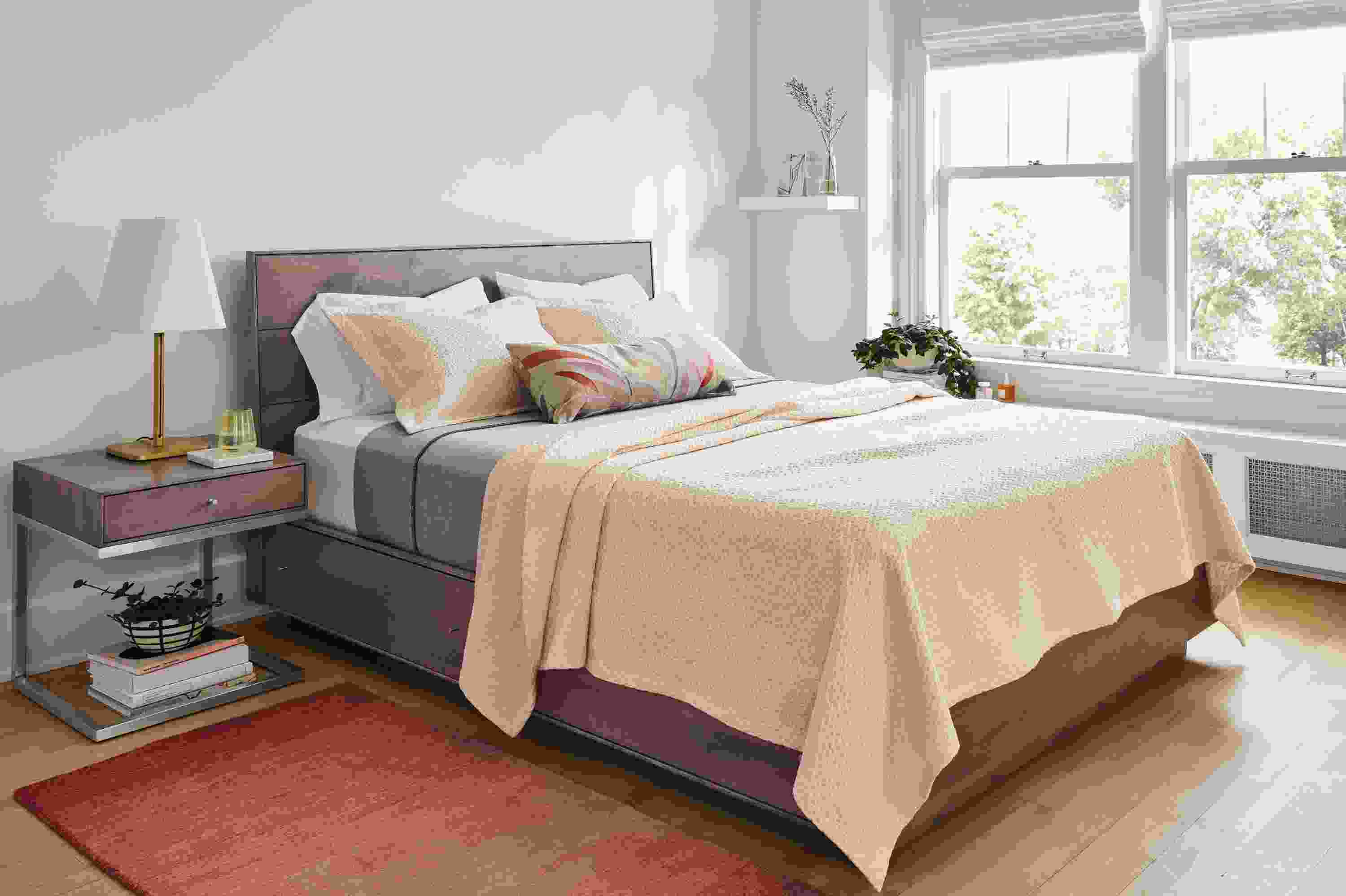 Bedroom with Larkin coverlet in blush.