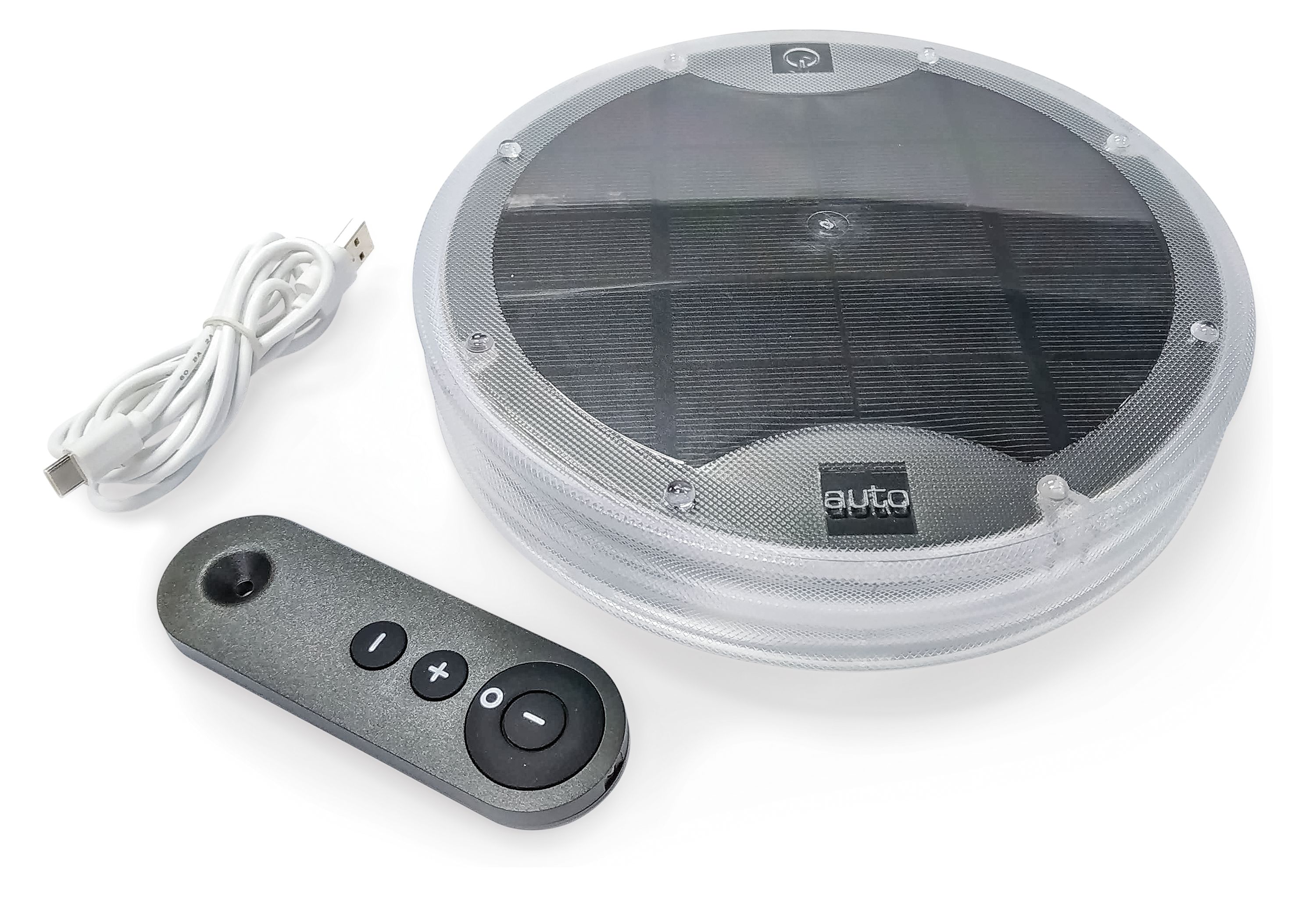 Lasia 10-inch diameter solar light, charging cord and remote control.