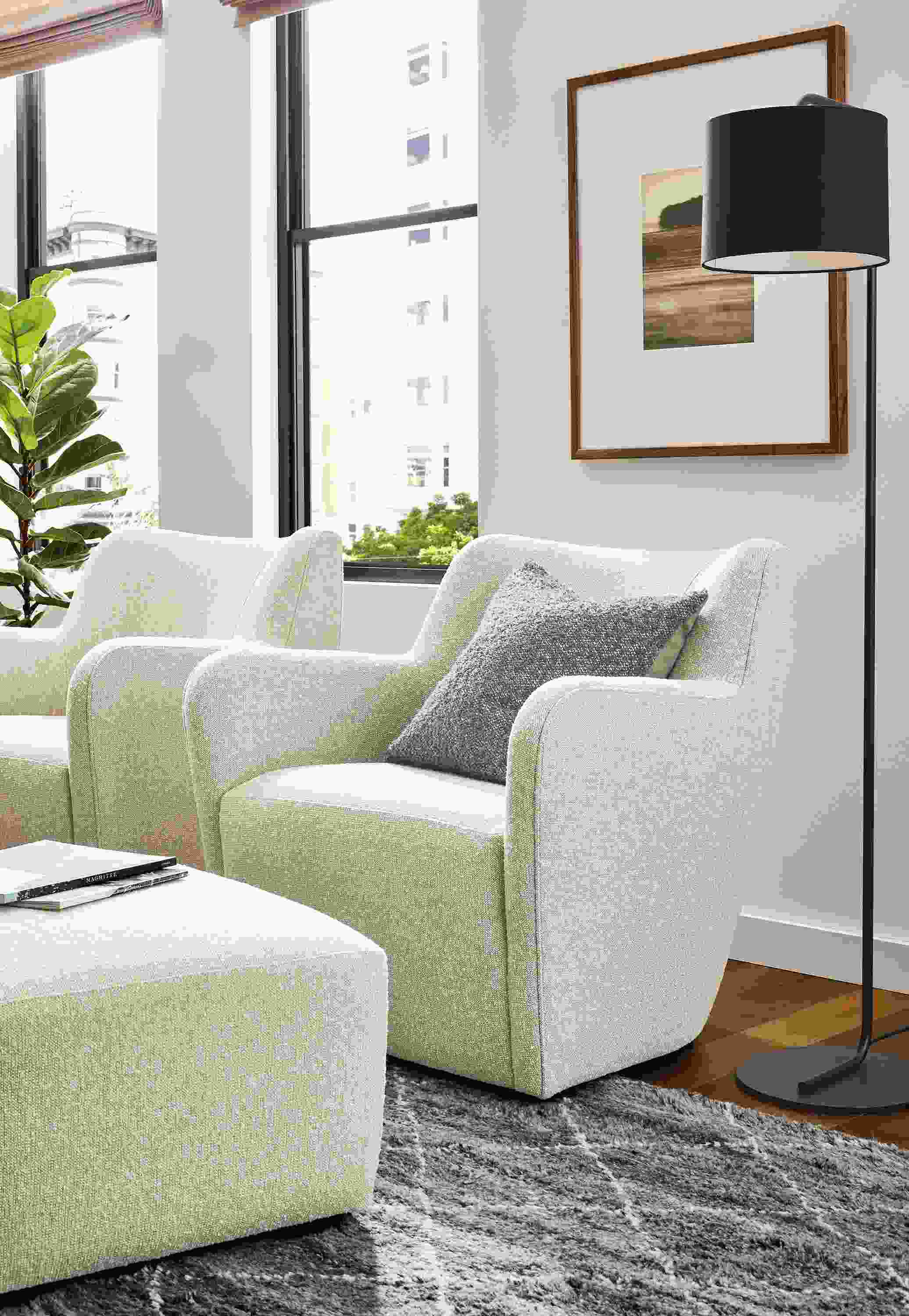 living room with lily chairs and ottoman in conley natural fabric.