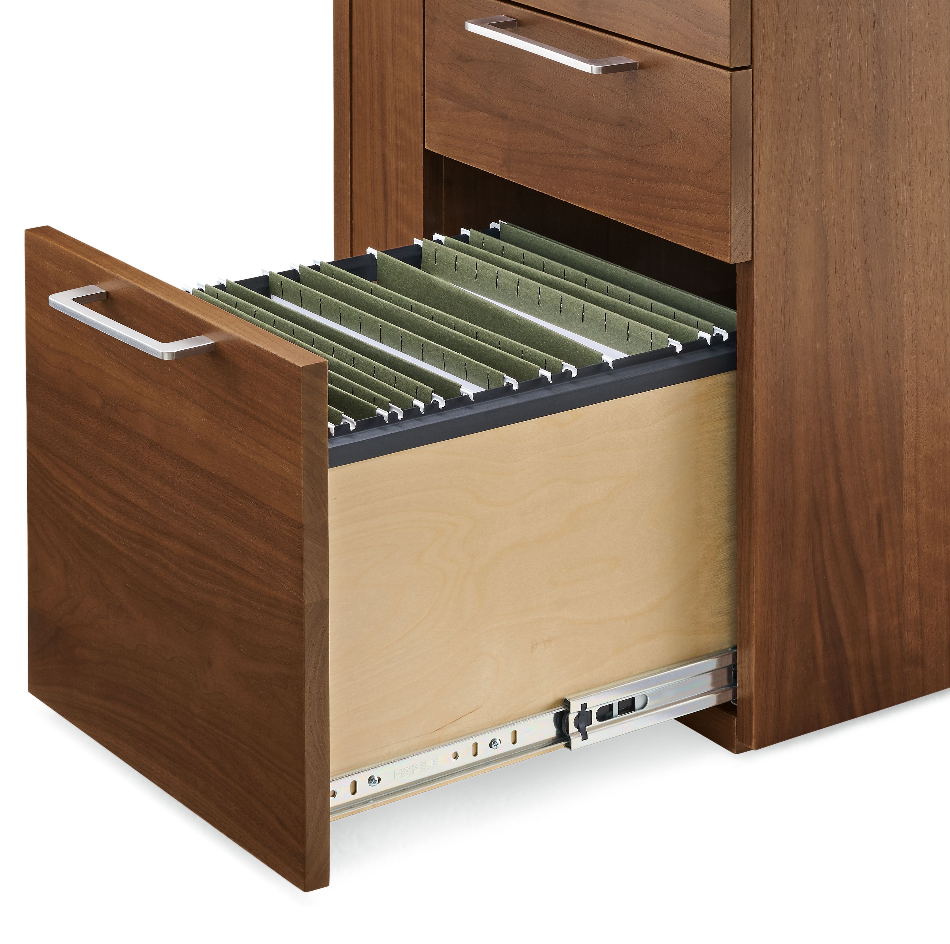 Detail of open drawer on a Lincoln 72-wide adjustable standing desk in walnut showing letter size file folders.