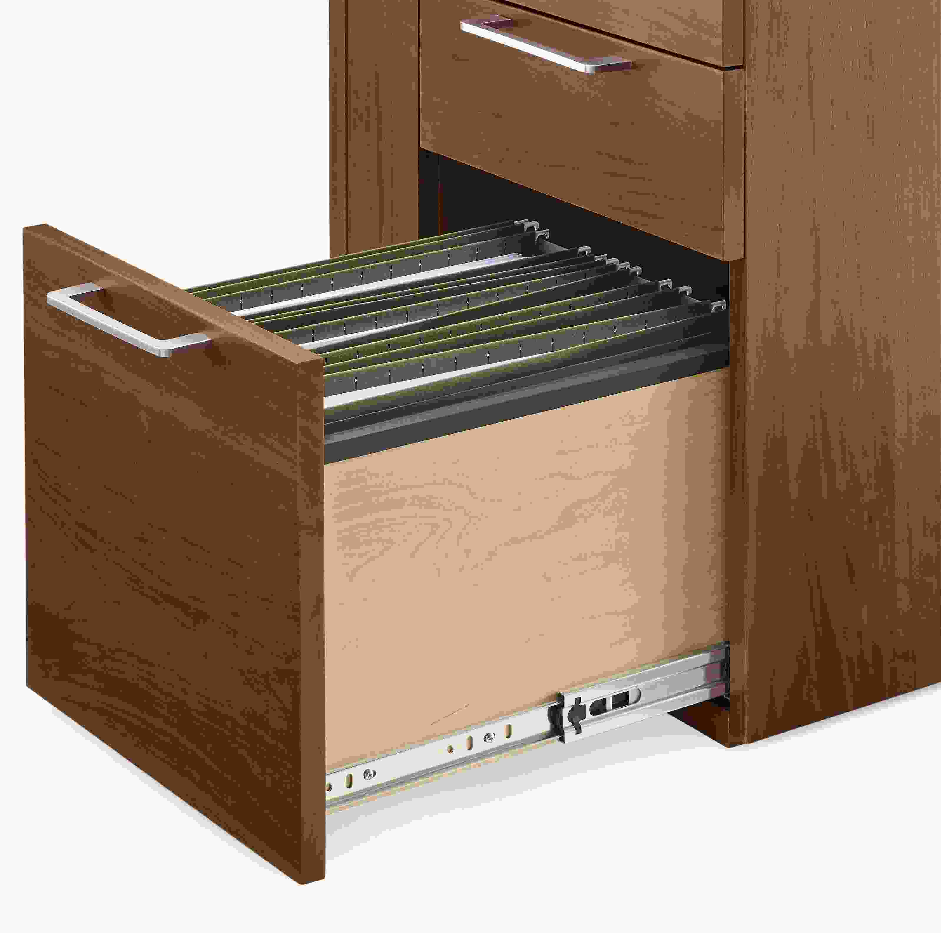 Detail of open drawer on a Lincoln 72-wide adjustable standing desk in walnut showing legal size file folders.