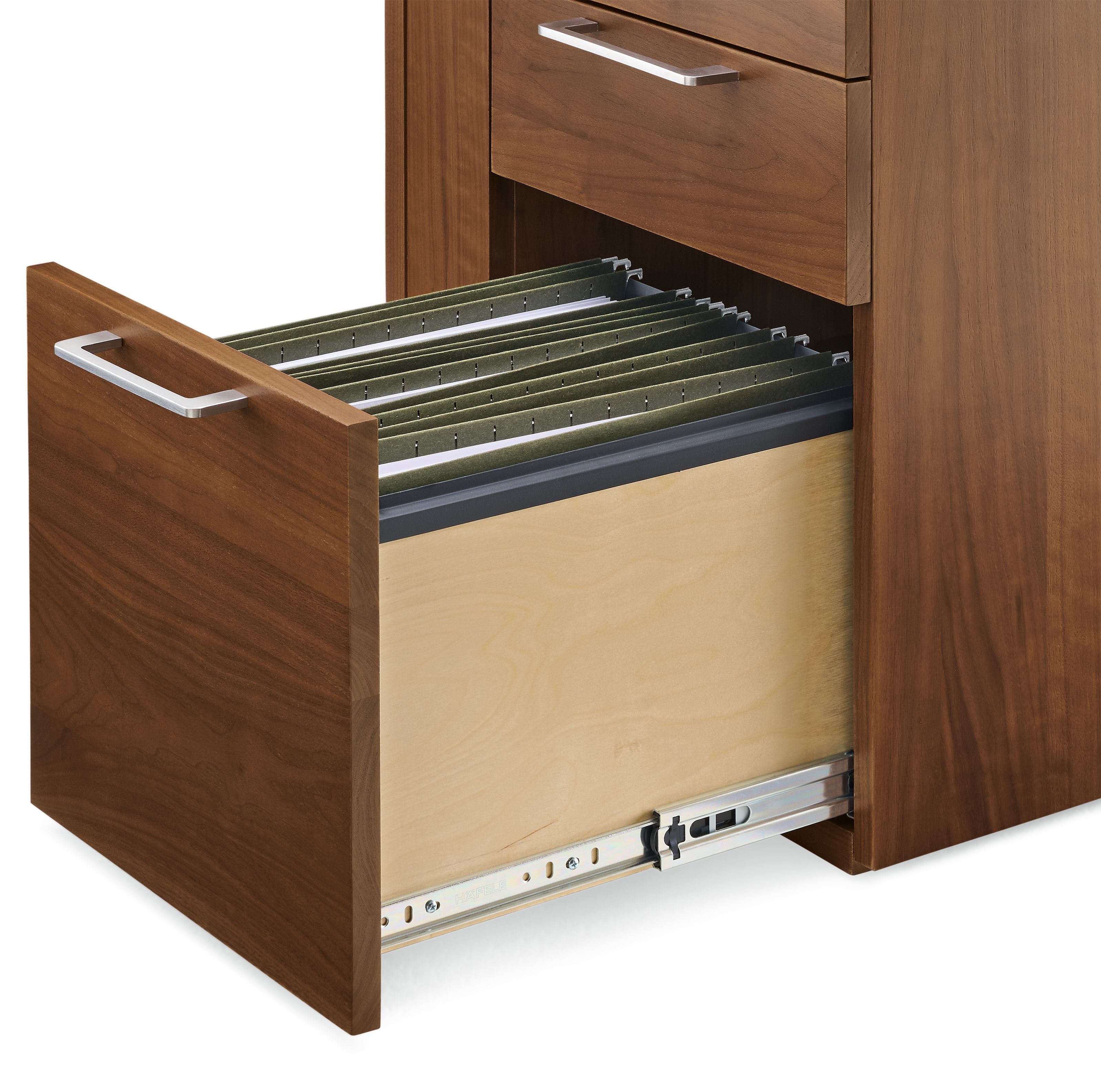 Detail of open drawer on a Lincoln 72-wide adjustable standing desk in walnut showing legal size file folders.