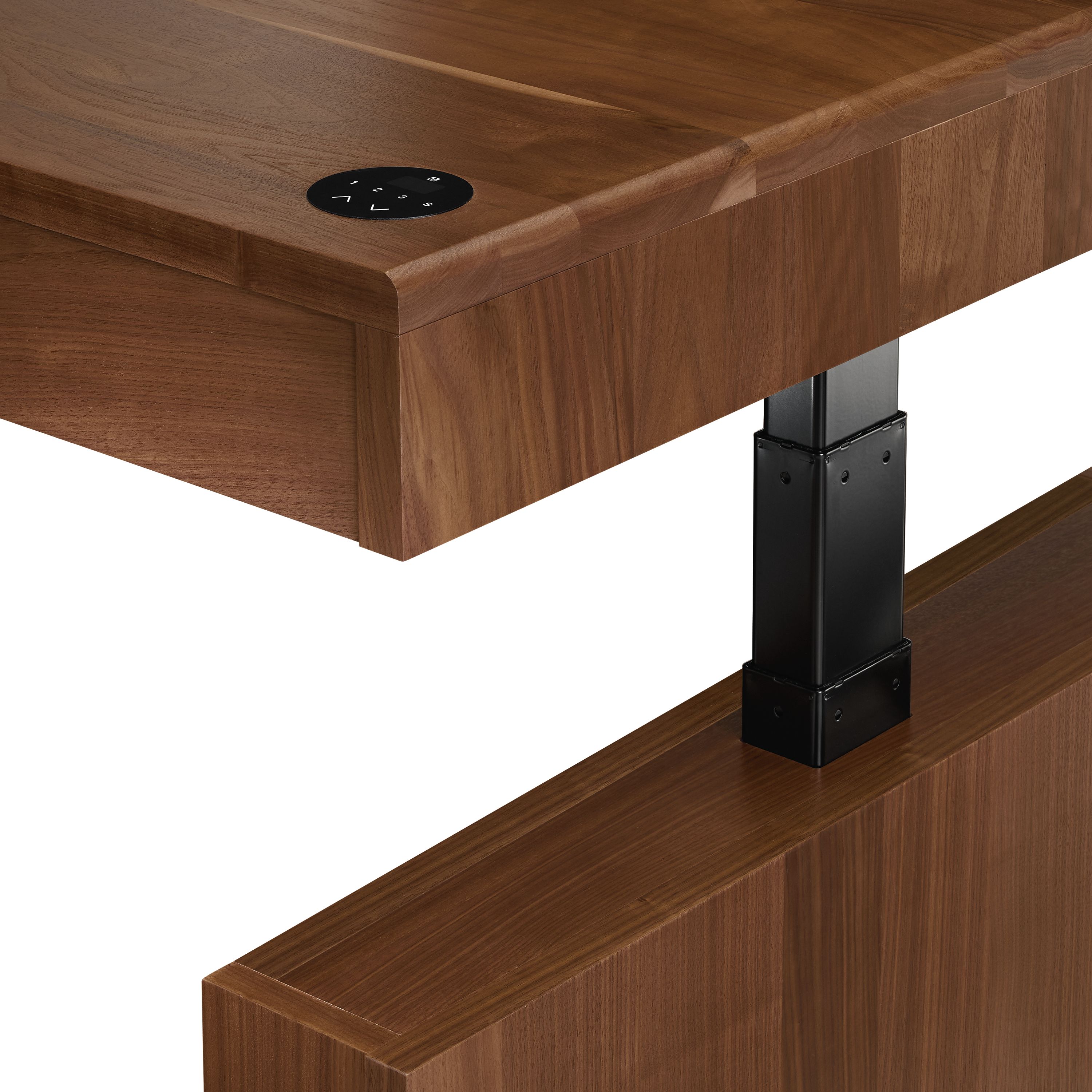 Detail of adjustable height mechanism on Lincoln 72-wide standing desk in walnut.
