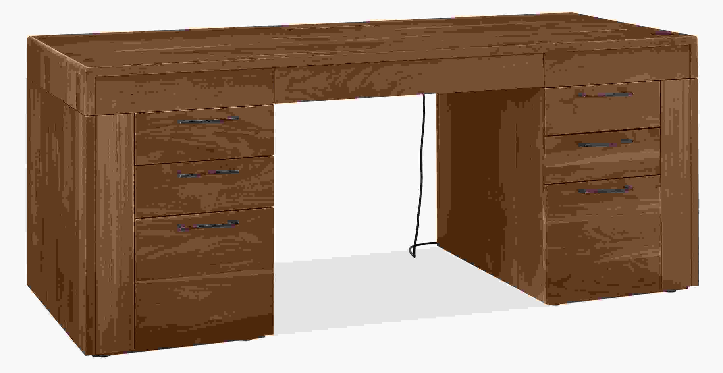 Lincoln 72-wide adjustable standing desk with left and right side drawers in walnut and graphite hardware.