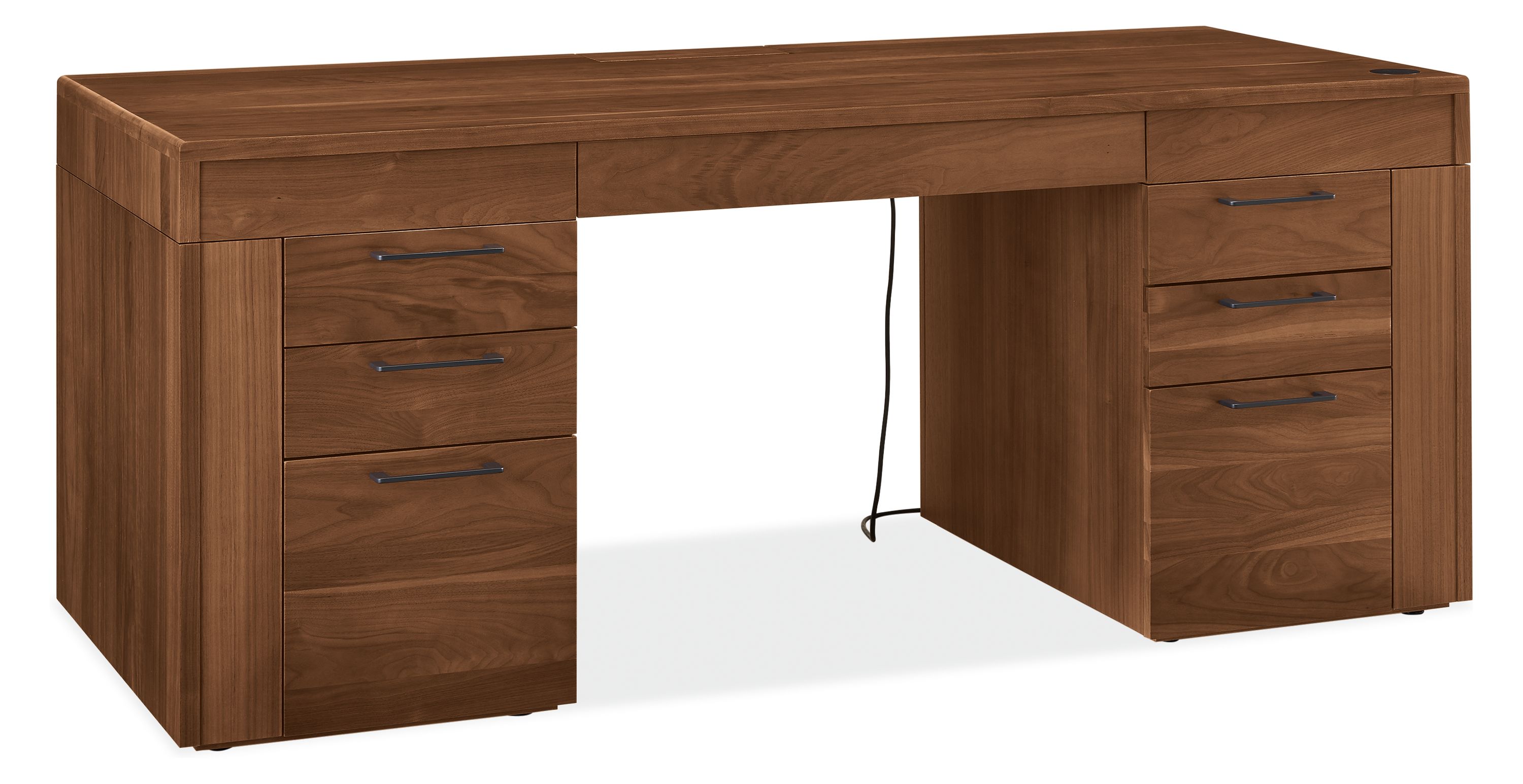 Lincoln 72-wide adjustable standing desk with left and right side drawers in walnut and graphite hardware.