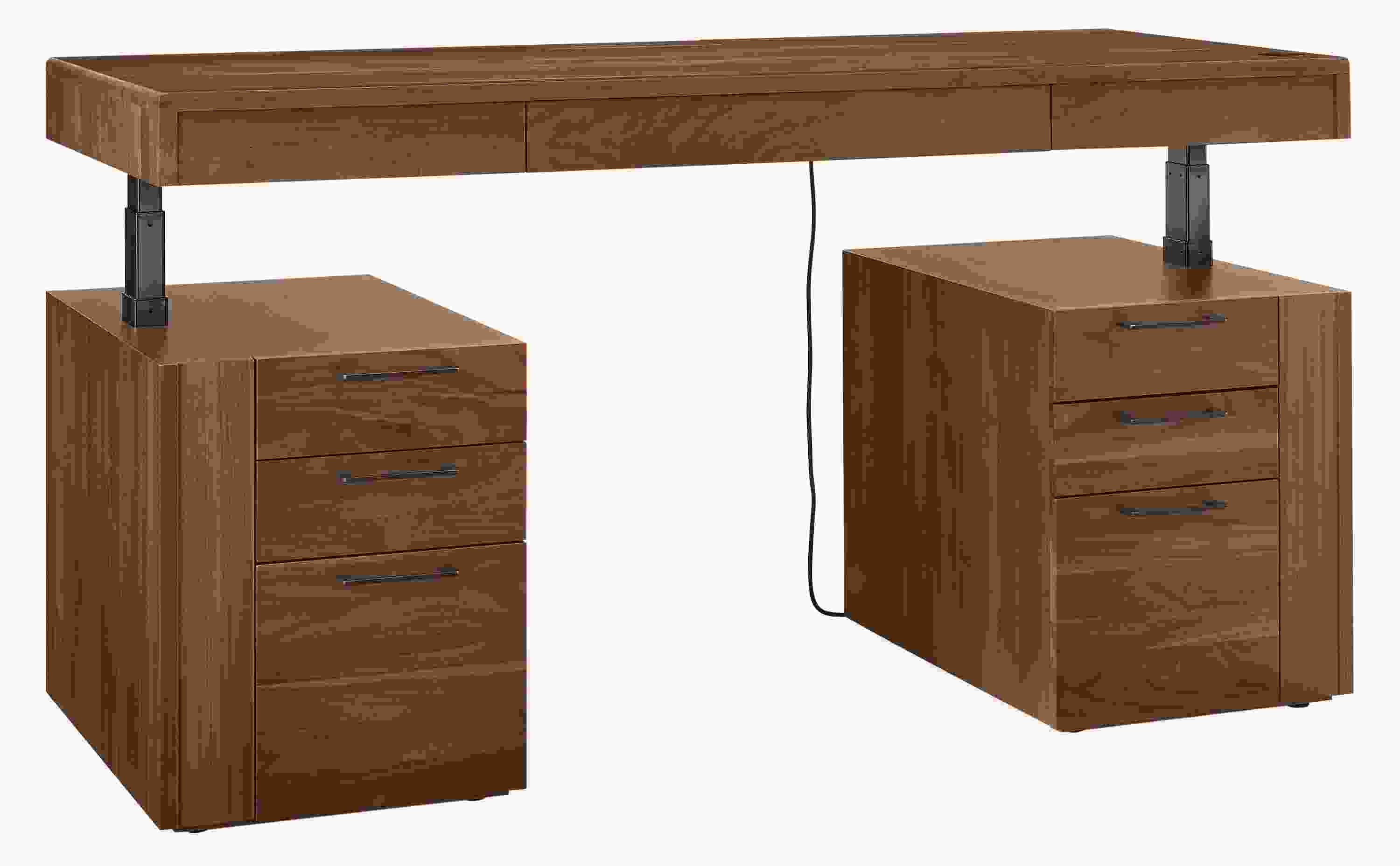Lincoln 72-wide adjustable standing desk with left and right side drawers in walnut and graphite hardware shown in raised position.