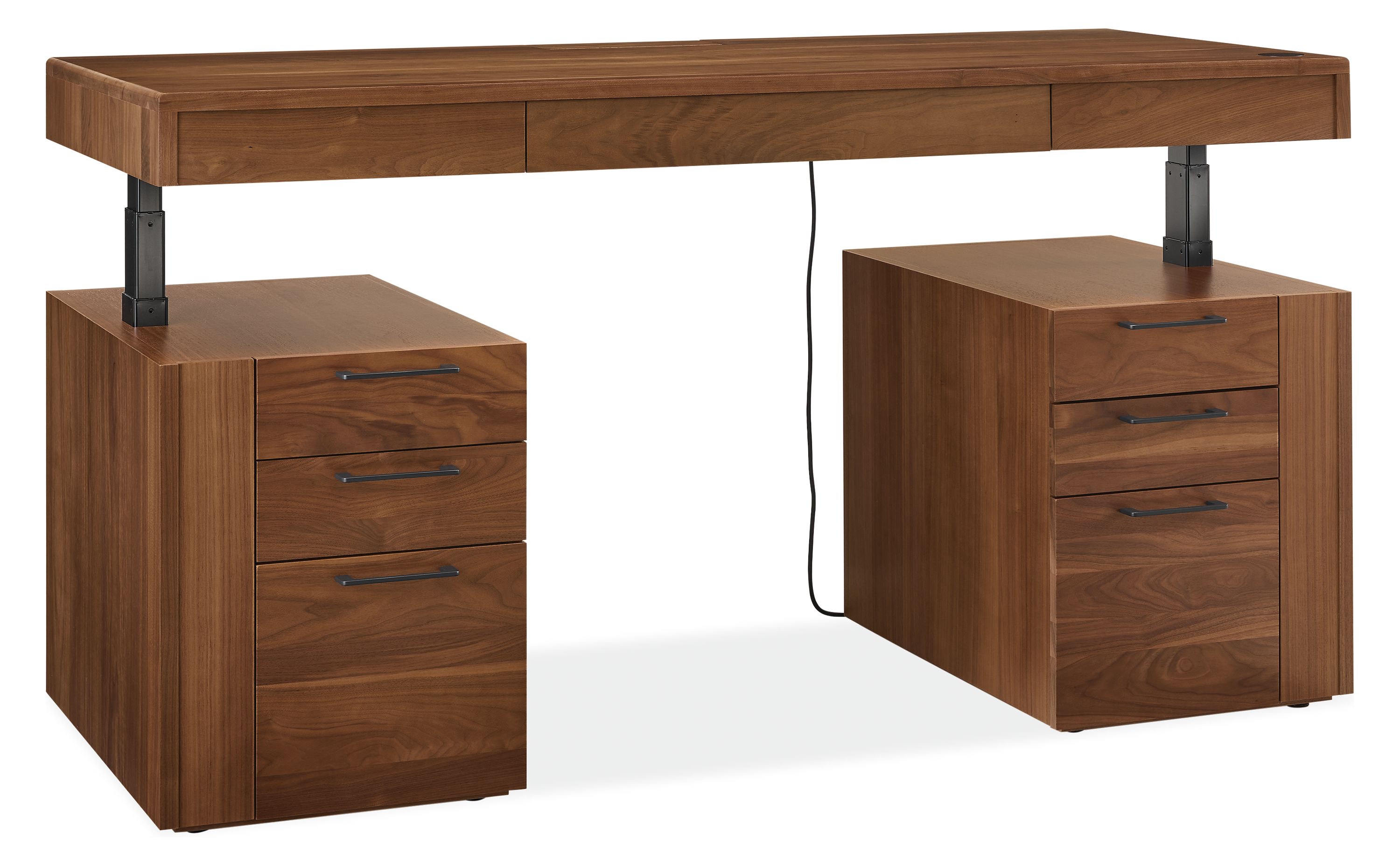 Lincoln 72-wide adjustable standing desk with left and right side drawers in walnut and graphite hardware shown in raised position.
