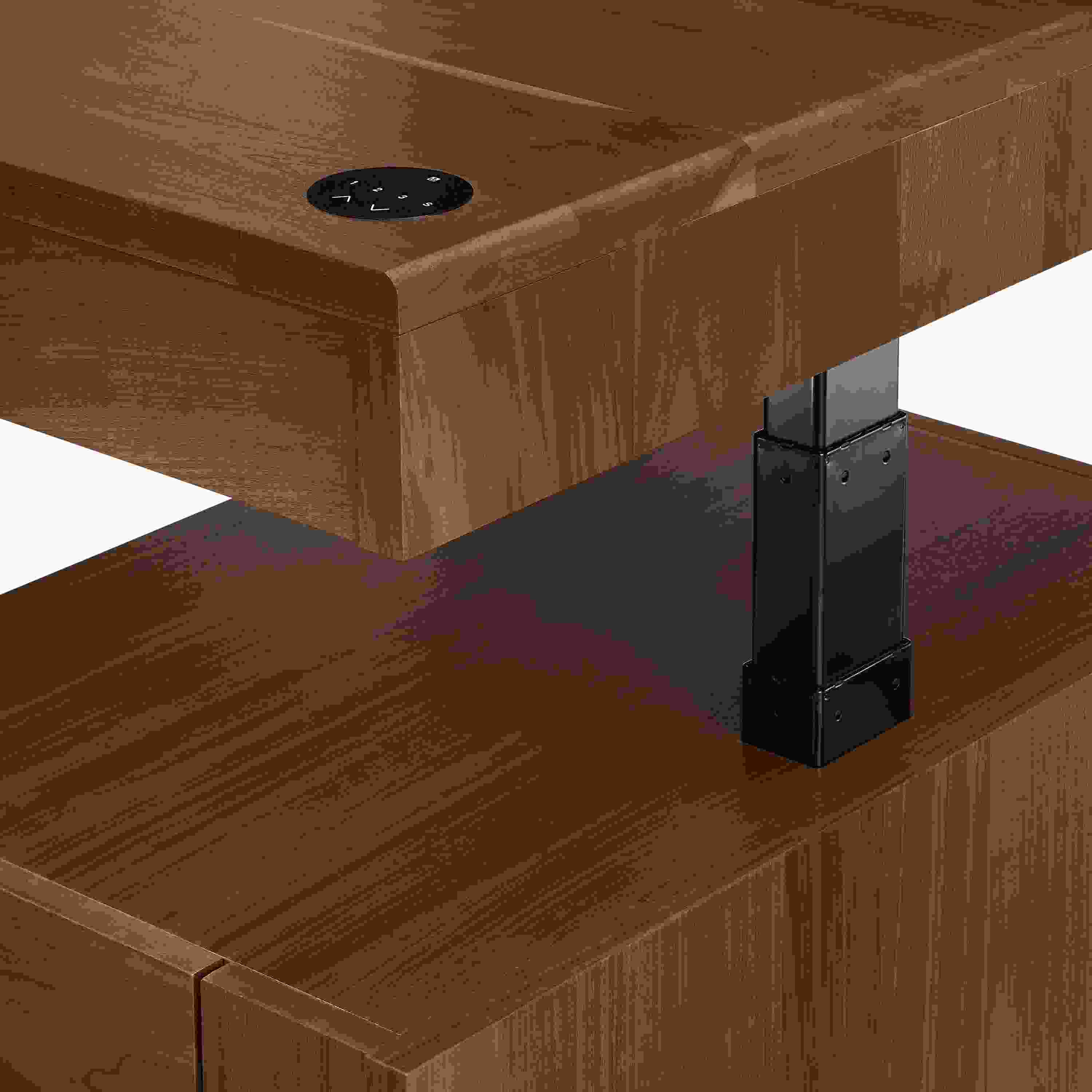 Detail of adjustable height mechanism on Lincoln 72-wide standing desk in walnut.
