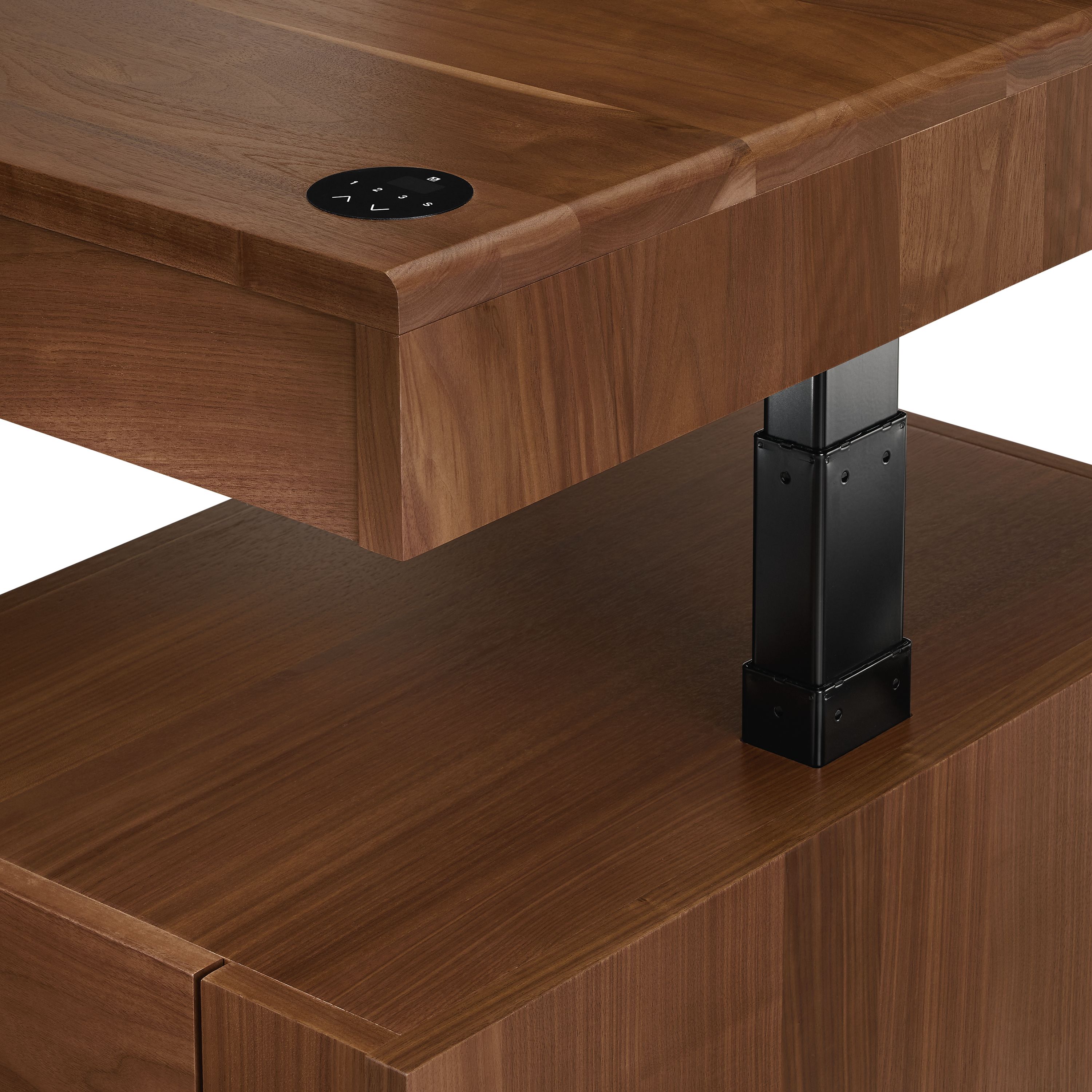 Detail of adjustable height mechanism on Lincoln 72-wide standing desk in walnut.