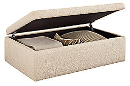 open detail of lind 48-wide storage ottoman in dornick ivory fabric.