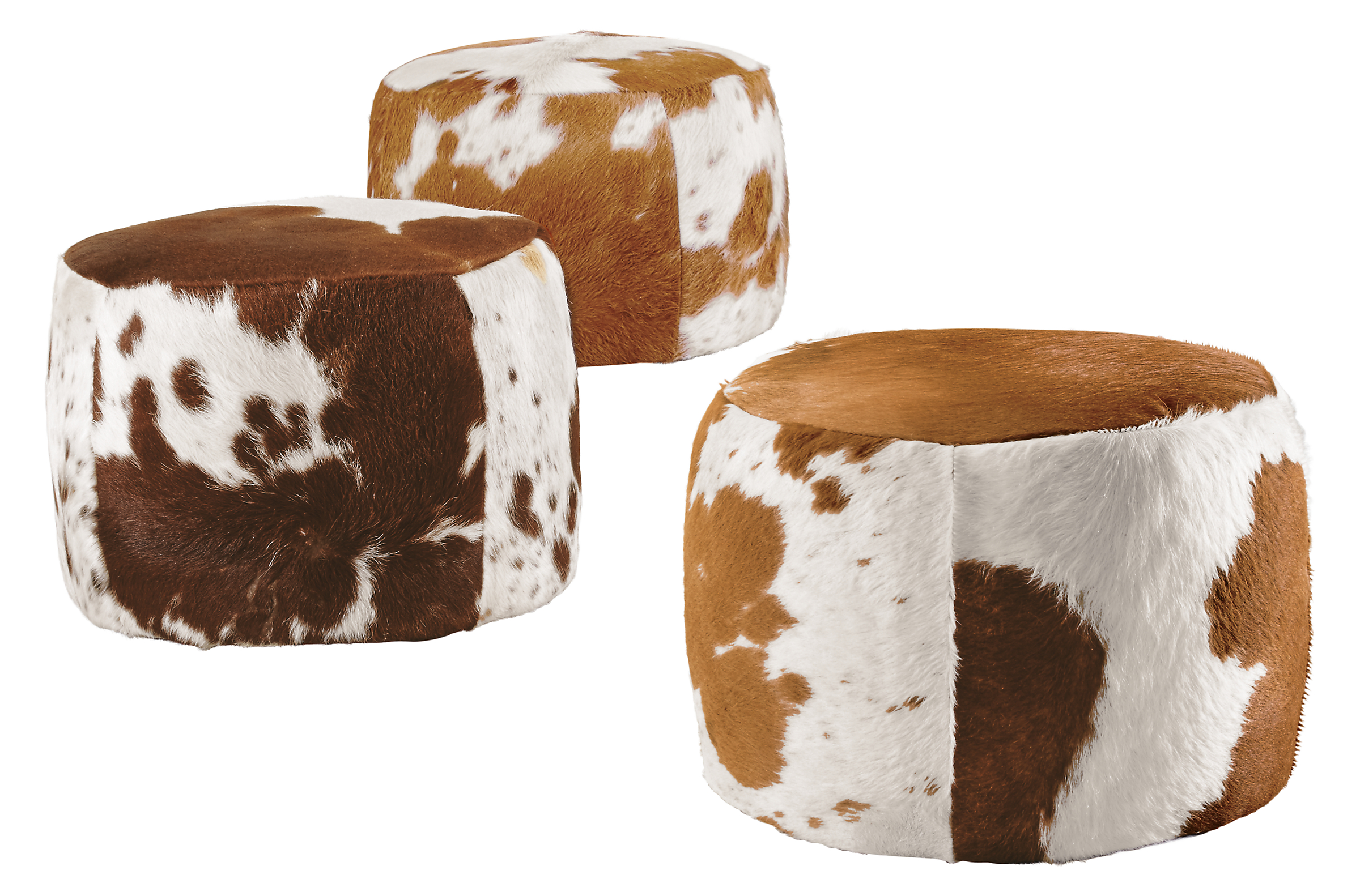 Angled view of Lind 20 diam 16h Round Ottoman in Cowhide Brown.