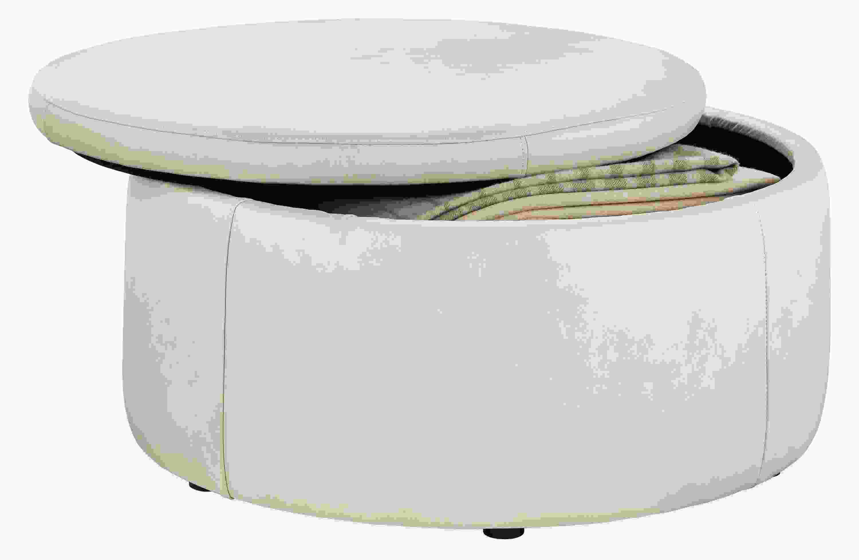 open detail of lind 36-round storage ottoman in laino bone leather.