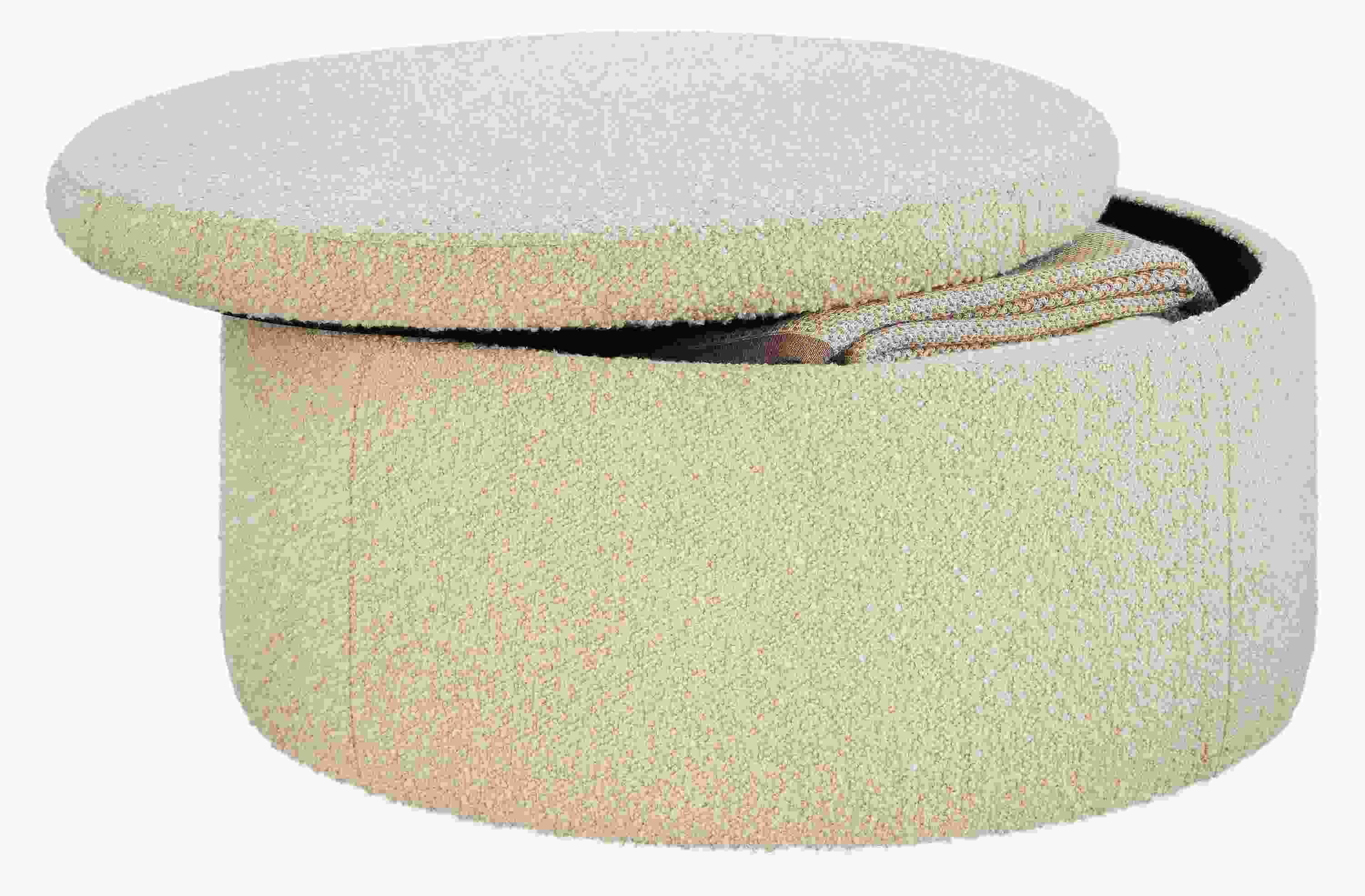open detail of lind 36-round storage ottoman in dornick ivory fabric.