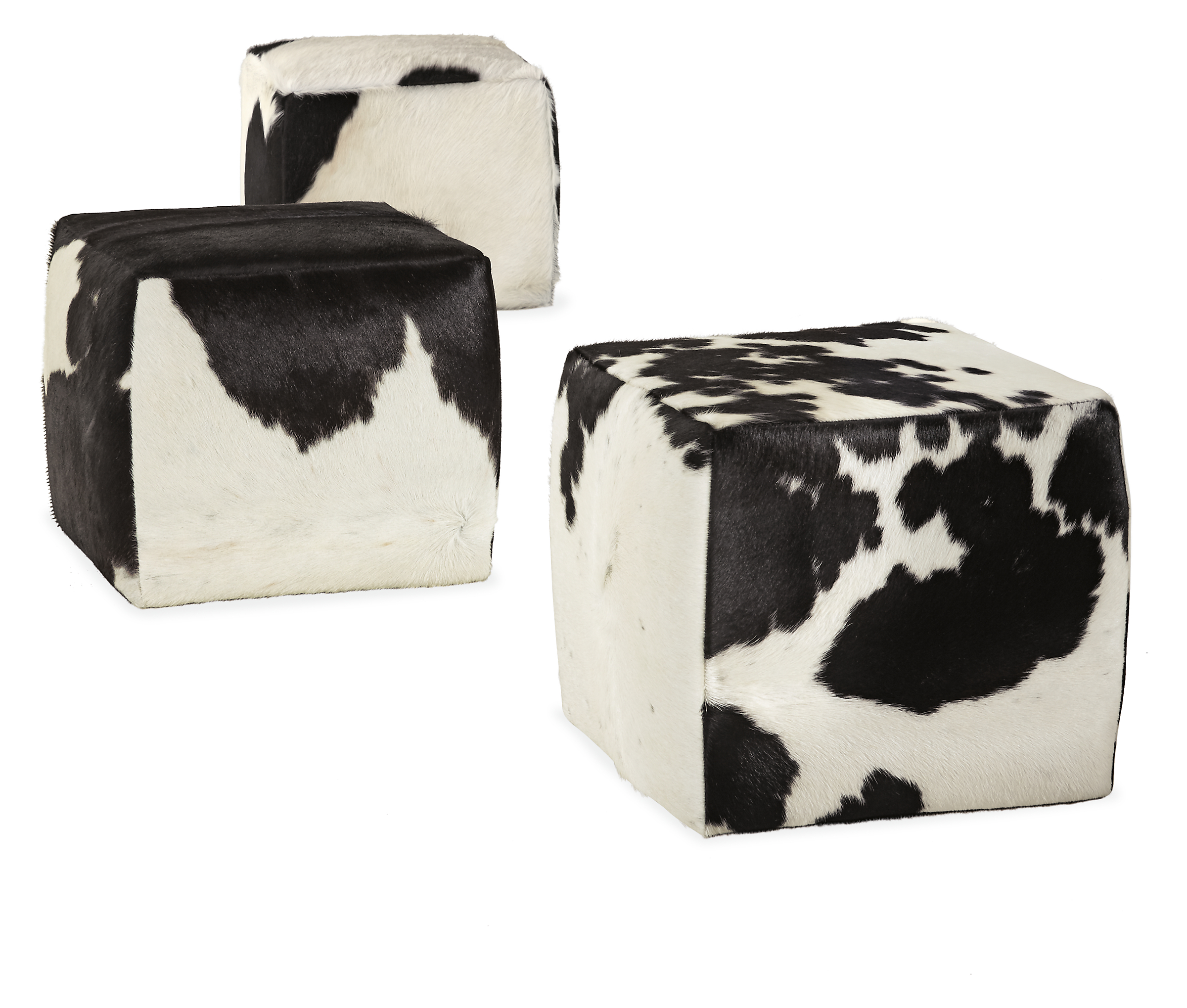 Angled view of Lind 21w 21d 18h Square Ottoman in Cowhide Black.