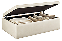 open detail of lind 48-wide storage ottoman in laino bone leather.