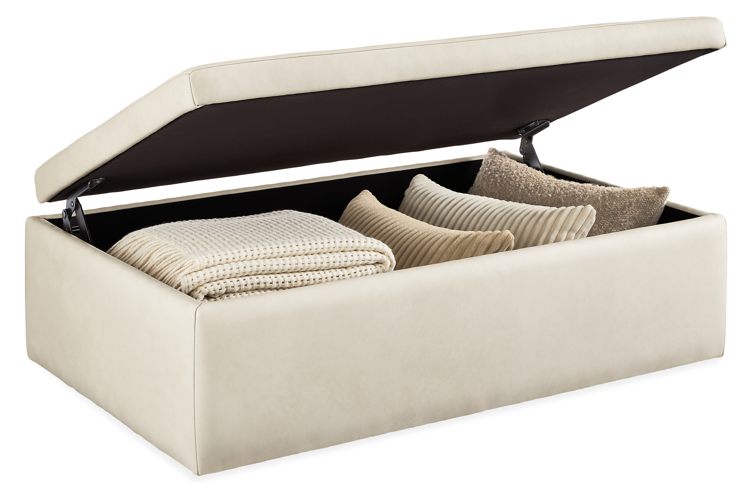 open detail of lind 48-wide storage ottoman in laino bone leather.