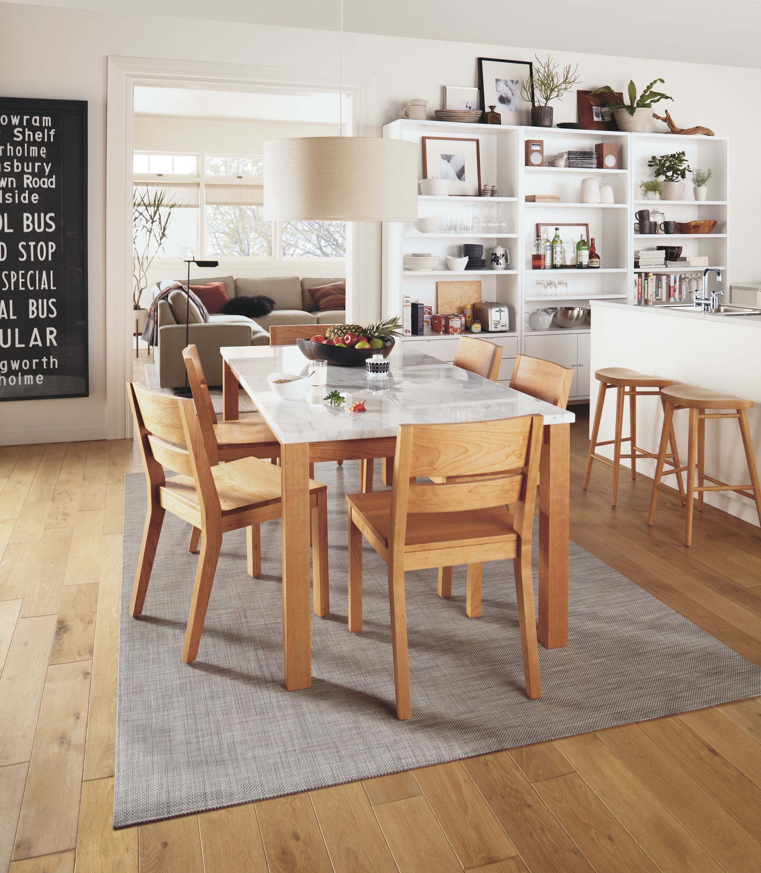 Detail of Linen dining table with stone top.