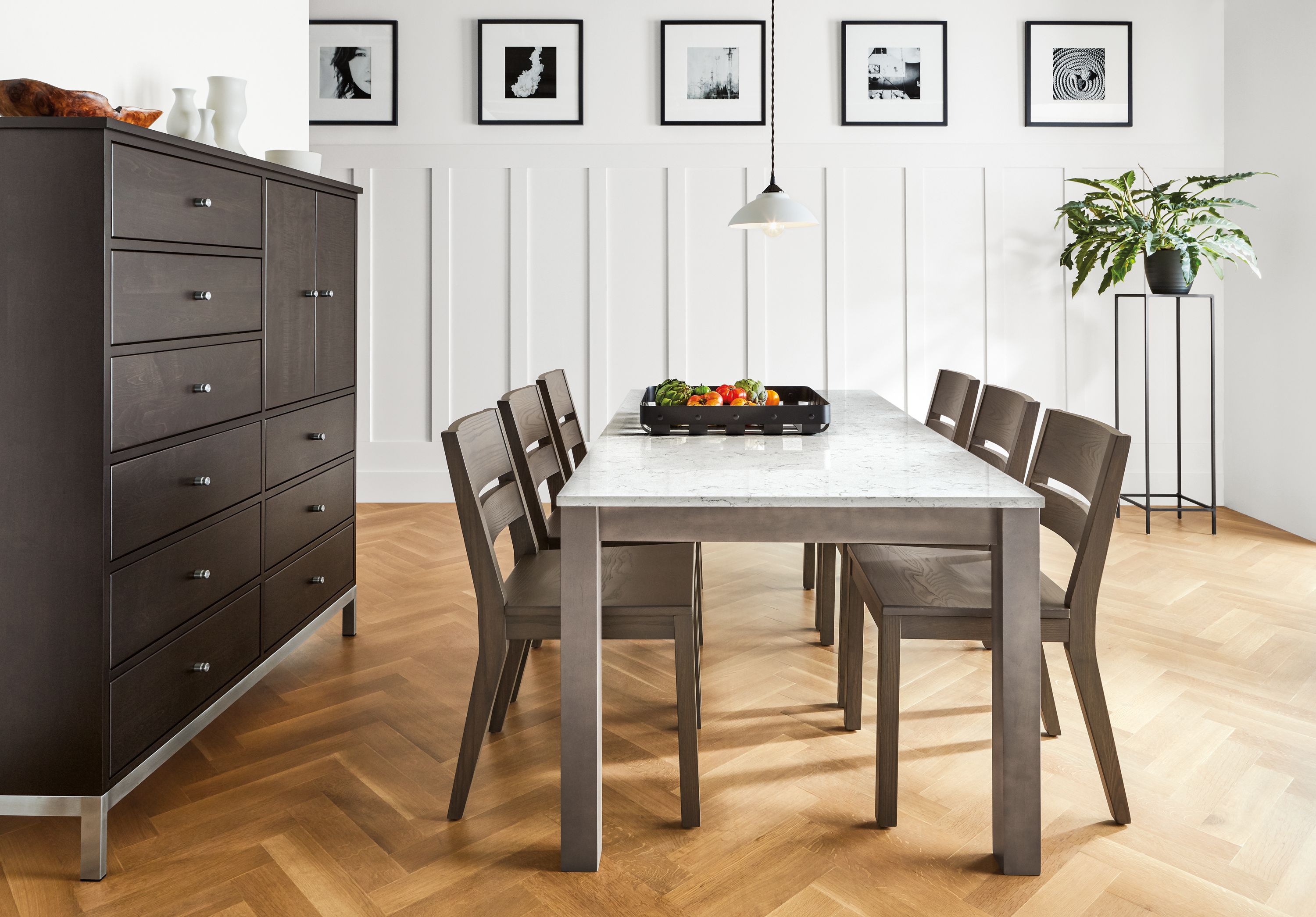 Detail of Linden wood table with marble top.