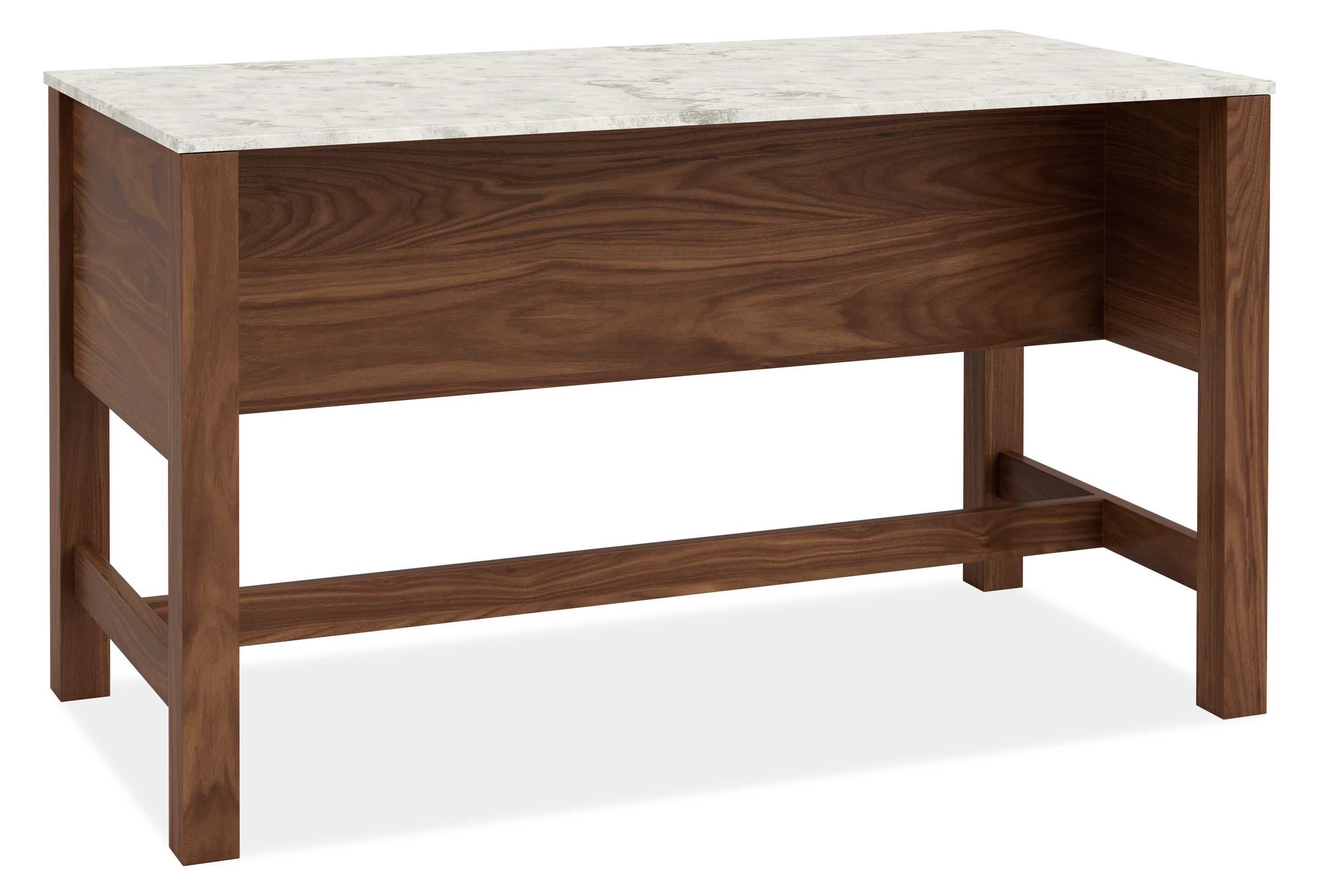 Back view of Linden 60w 30d 36h Kitchen Island in Walnut with Marbled White Quartz top.