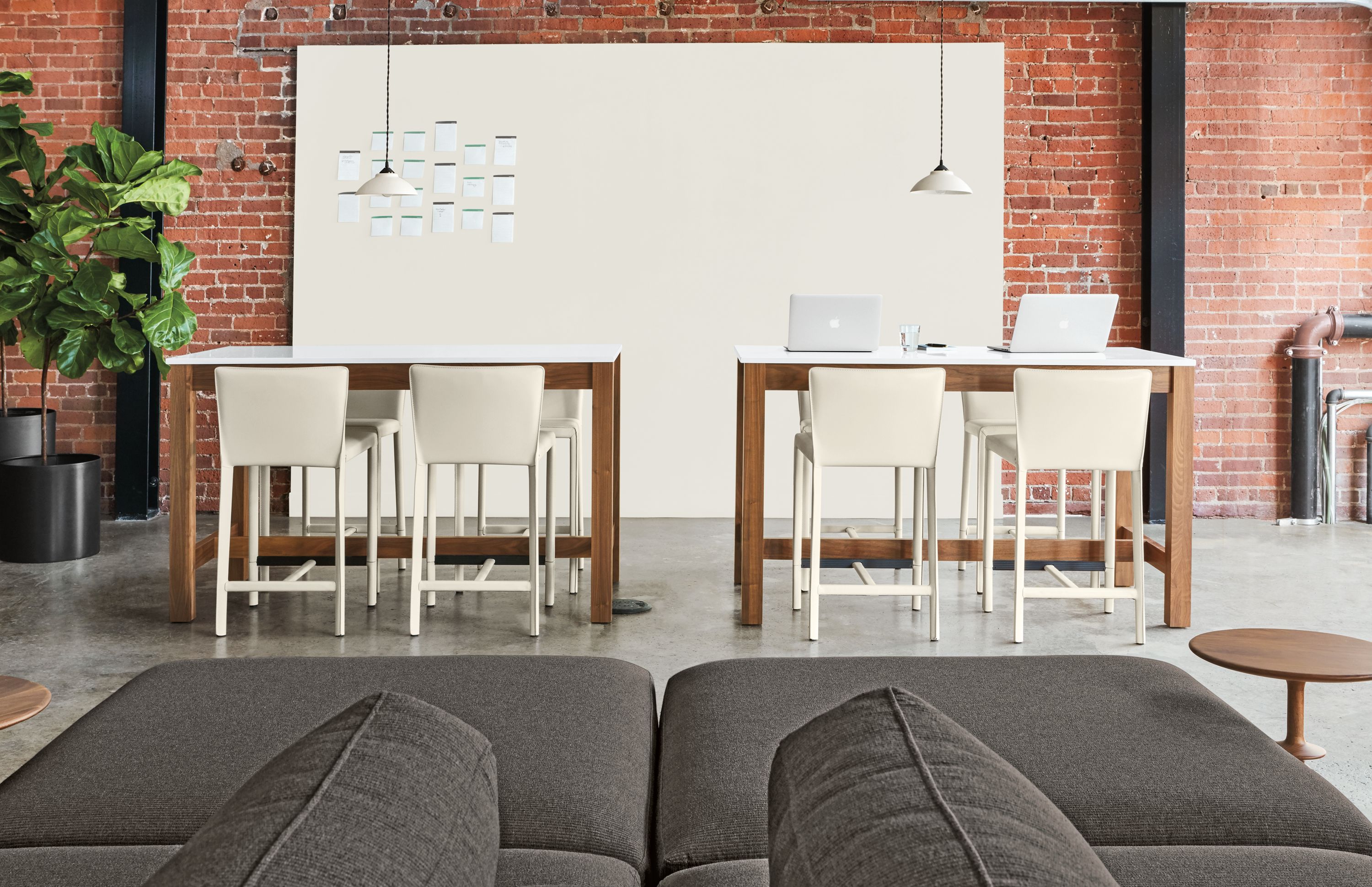 Detail of Linden counter table and eight stools.