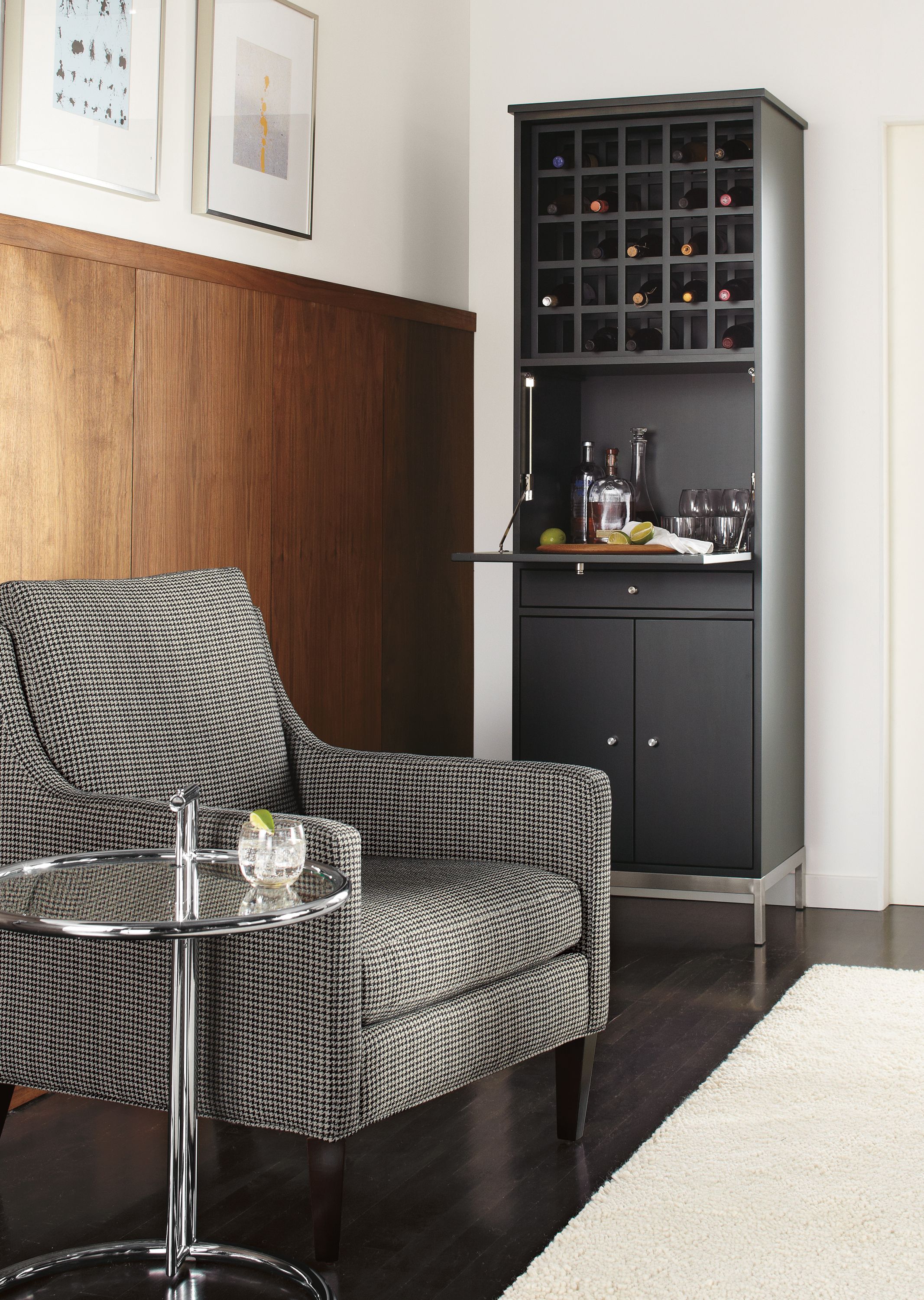 26w 20d 80h bar cabinet in charcoal stain/stainless steel
